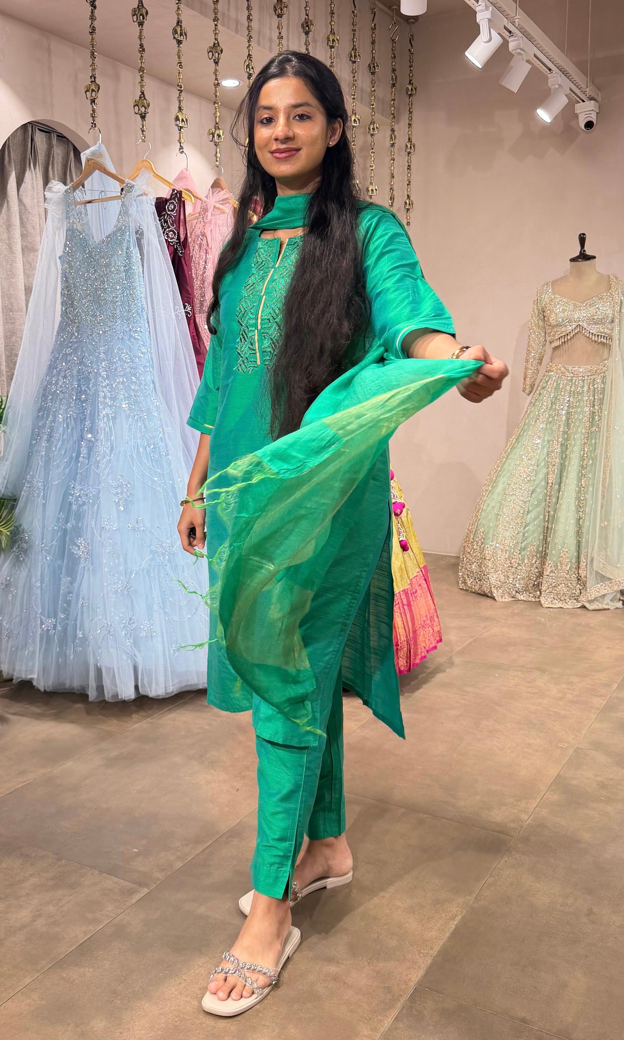 Green Embroidered Silk Straight kurta set