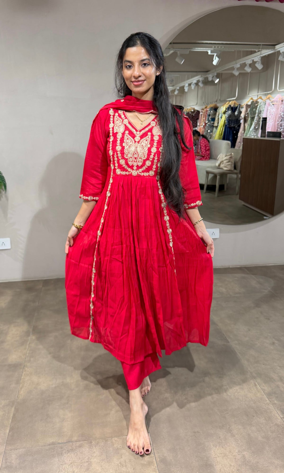 Rani Embroidered A line Kurta Set with Dupatta