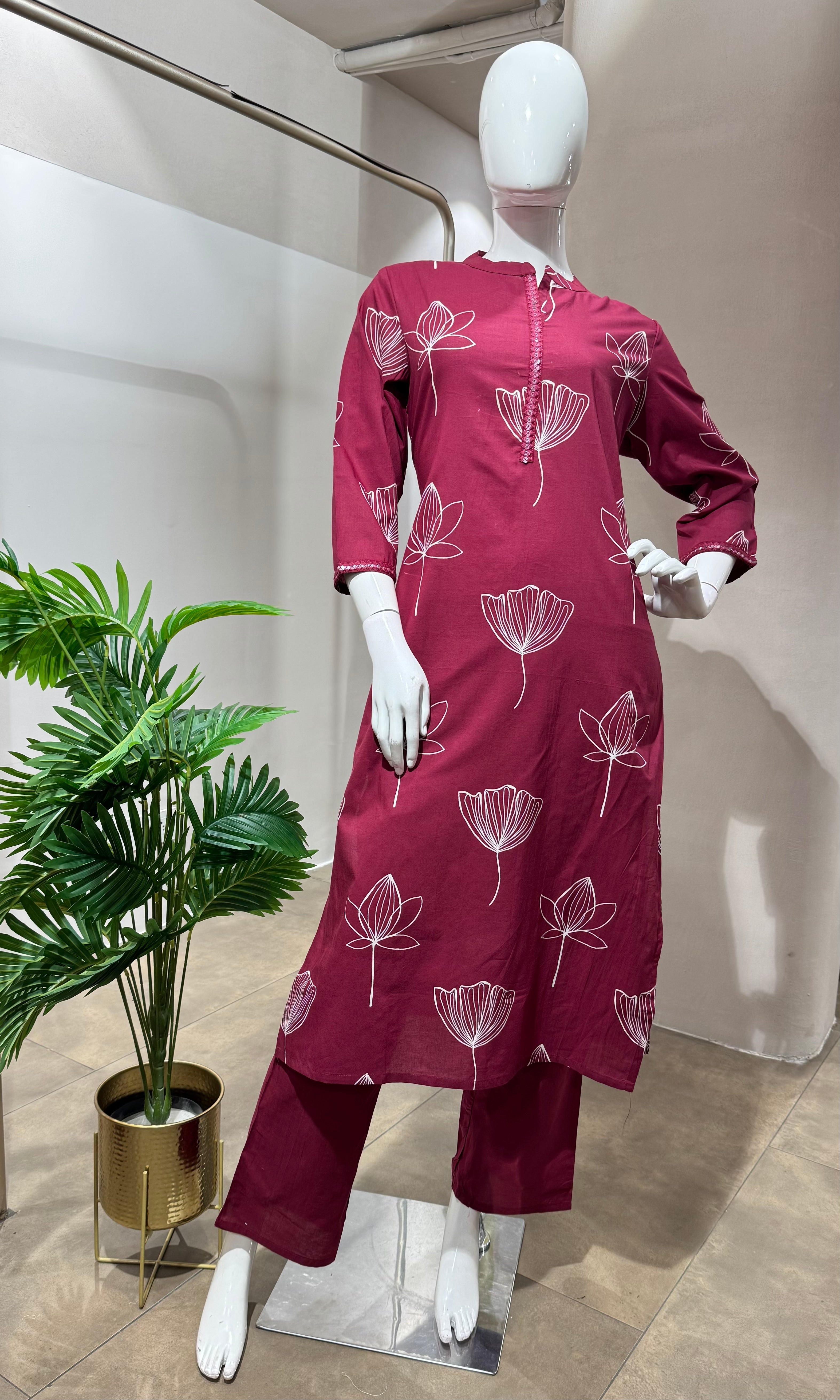 MAROON FLORAL KURTI WITH BOTTOM