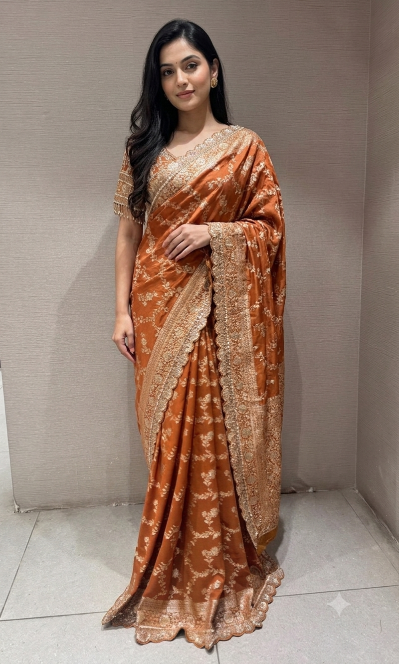 Brown designer saree with embroidered blouse