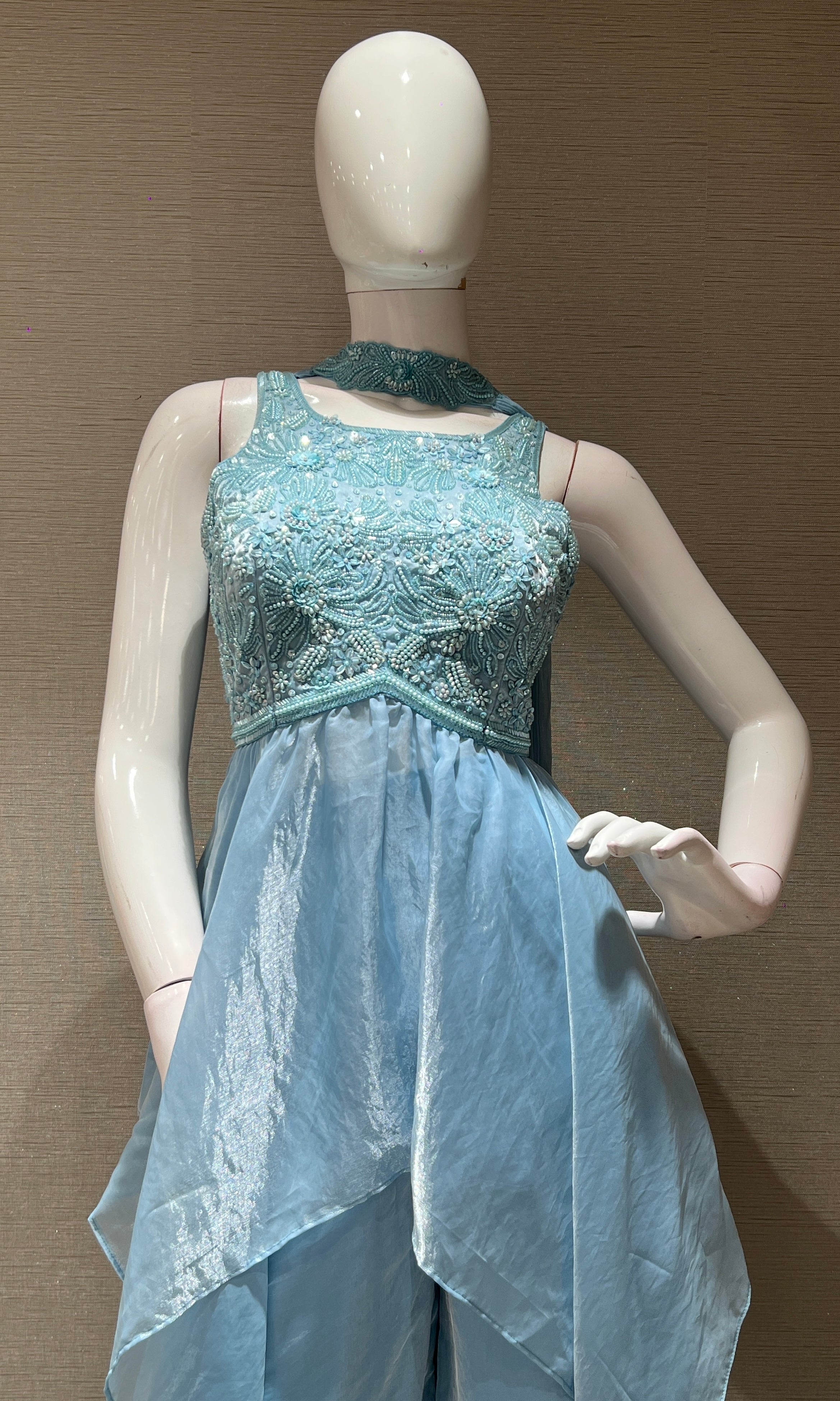 Sea blue EMBROIDERED BLOUSE PALAZZO SET