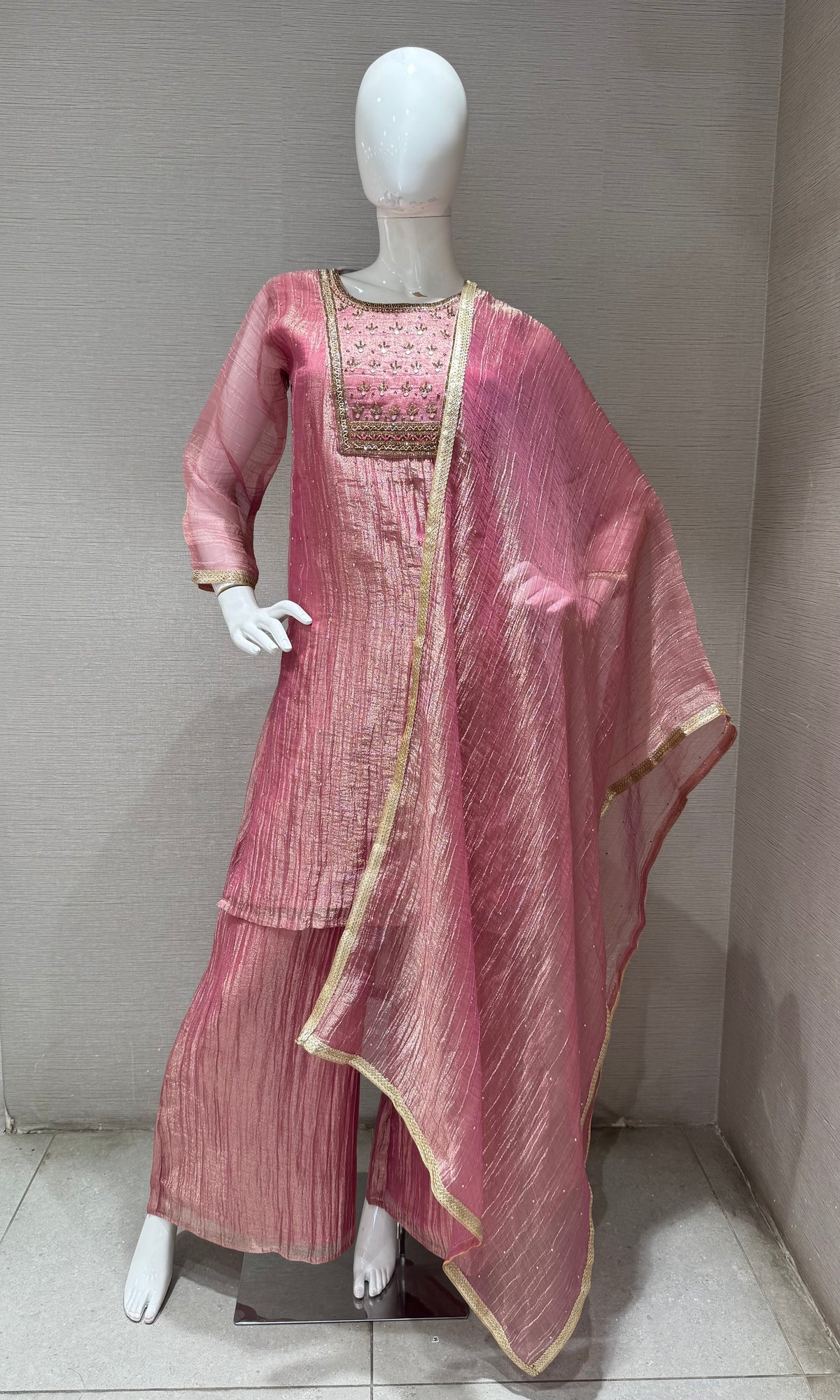 Onion Pink Tissue silk Salwar Kurta with Palazzo pants