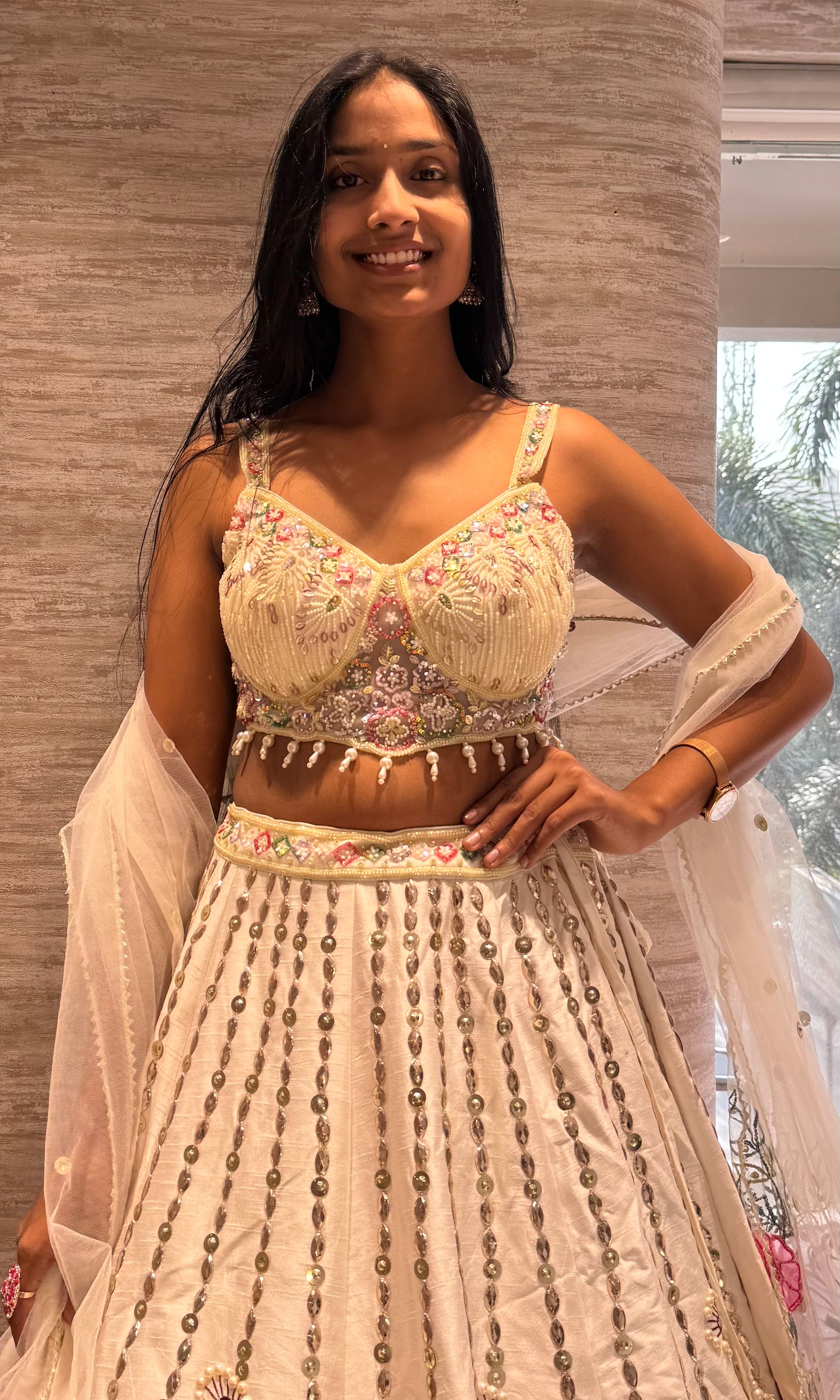 White and pink floral multicolored lehenga