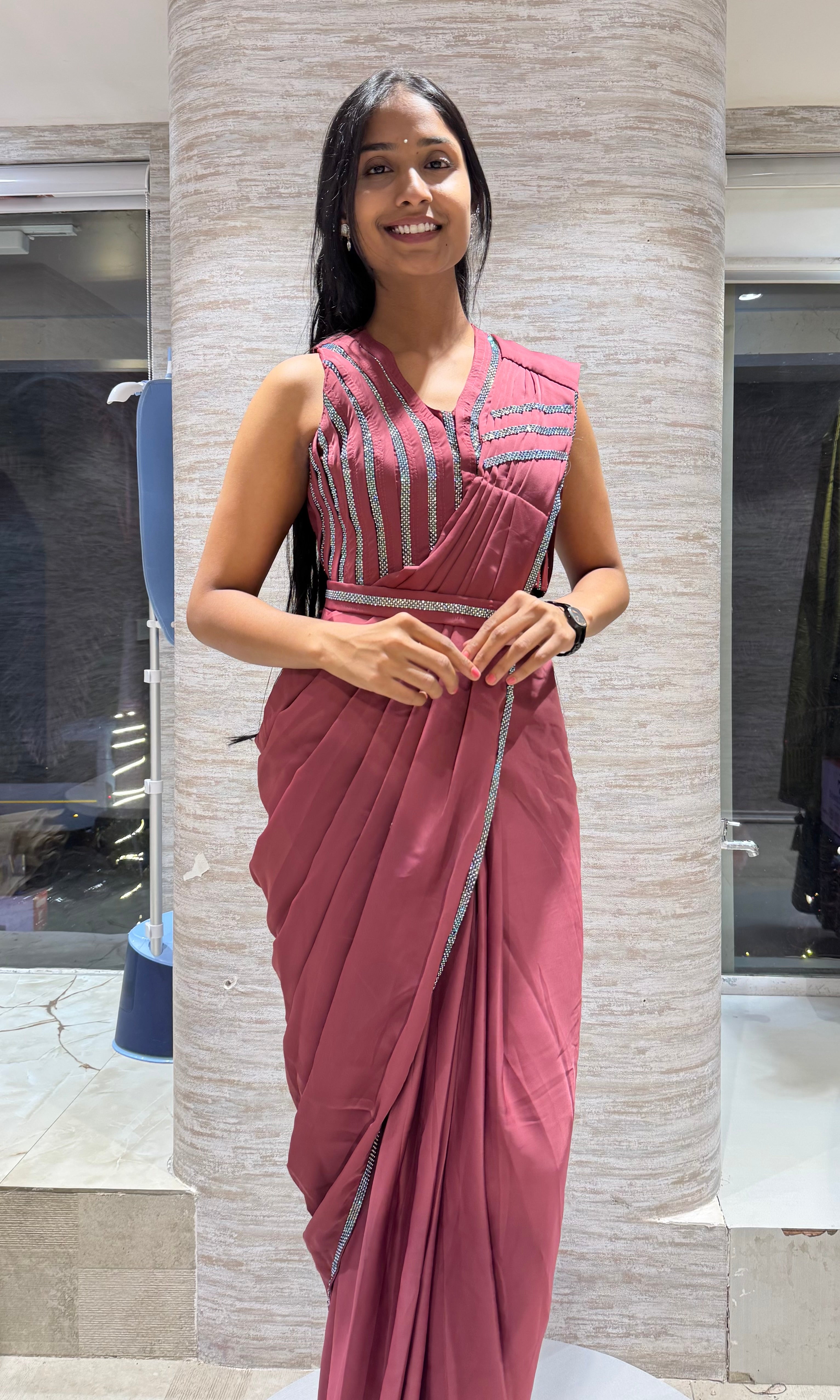 MAROON DRAPE SAREE WITH CORSET BLOUSE