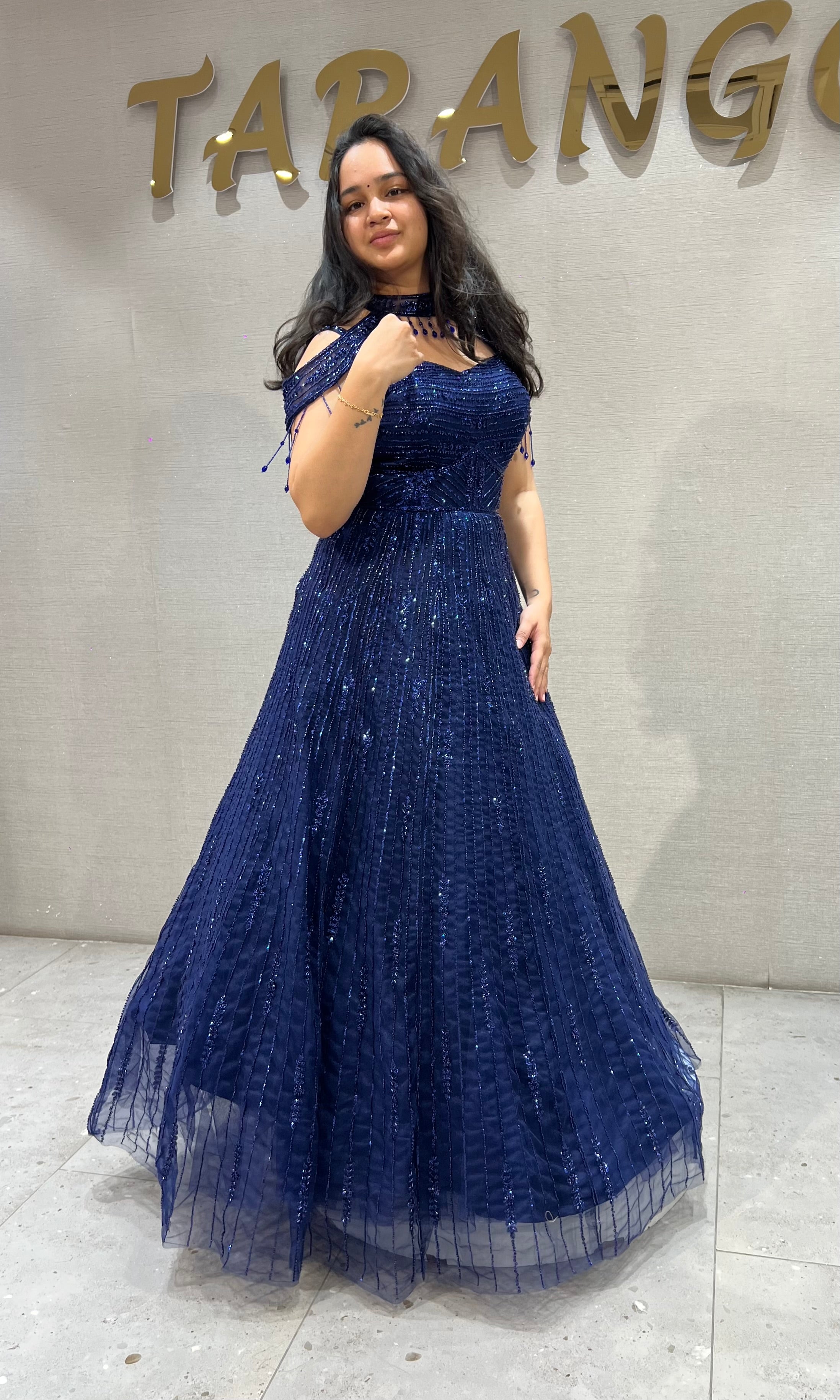 Royal Blue Halter Neck Ballgown with Sheer Cap Sleeves