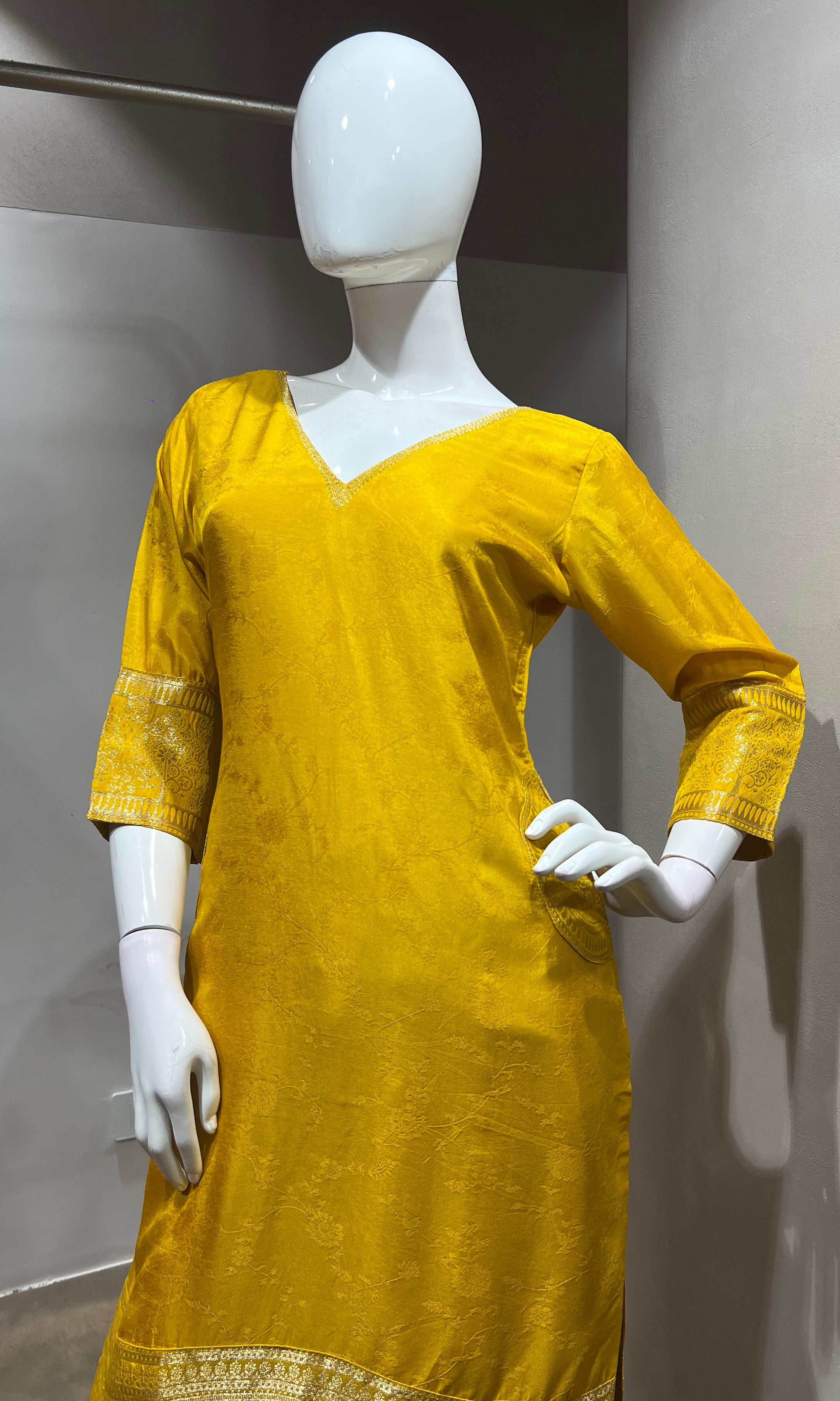Yellow Silk Straight Kurta Set with Gold Border
