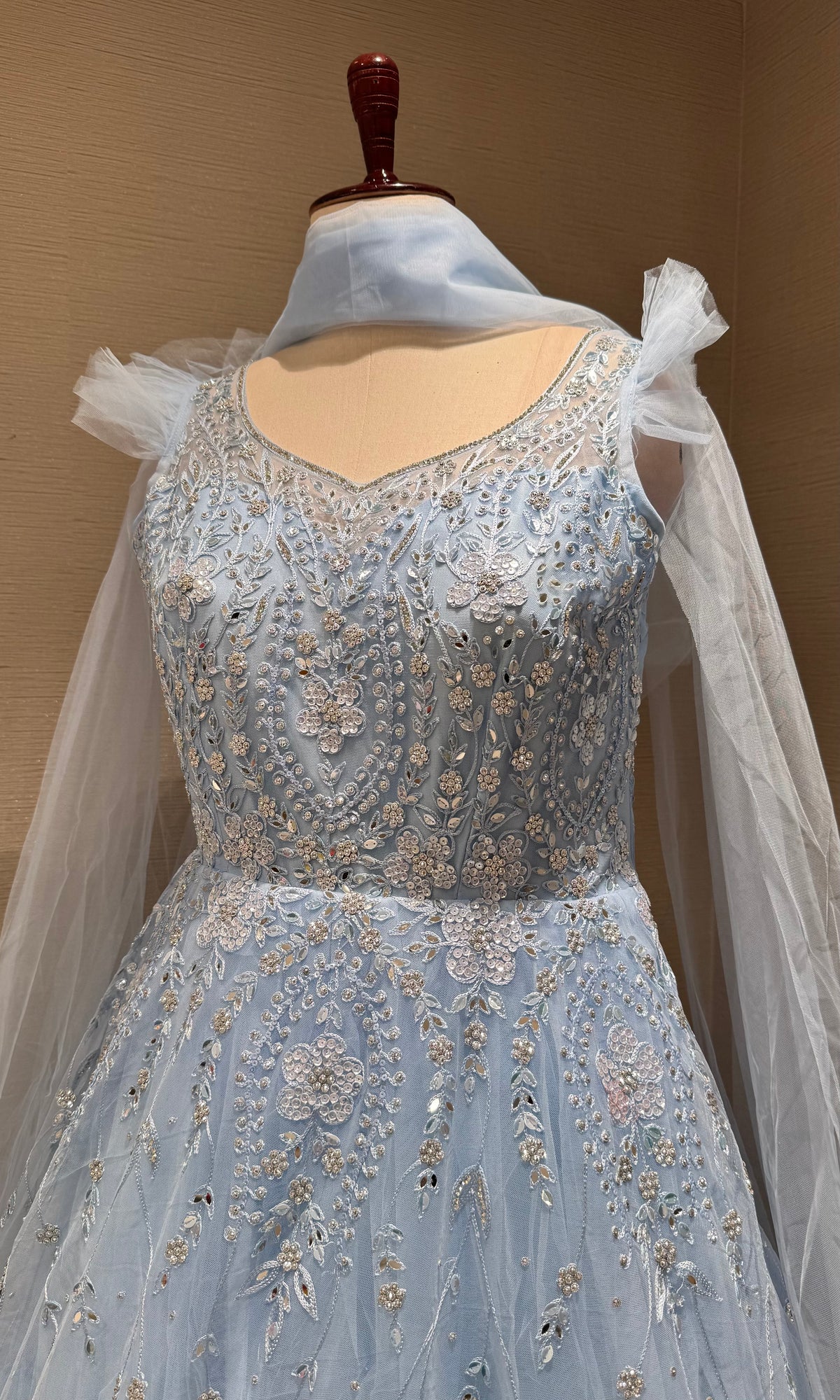 Sea Blue Tulle Ballgown with Floral Embroidery