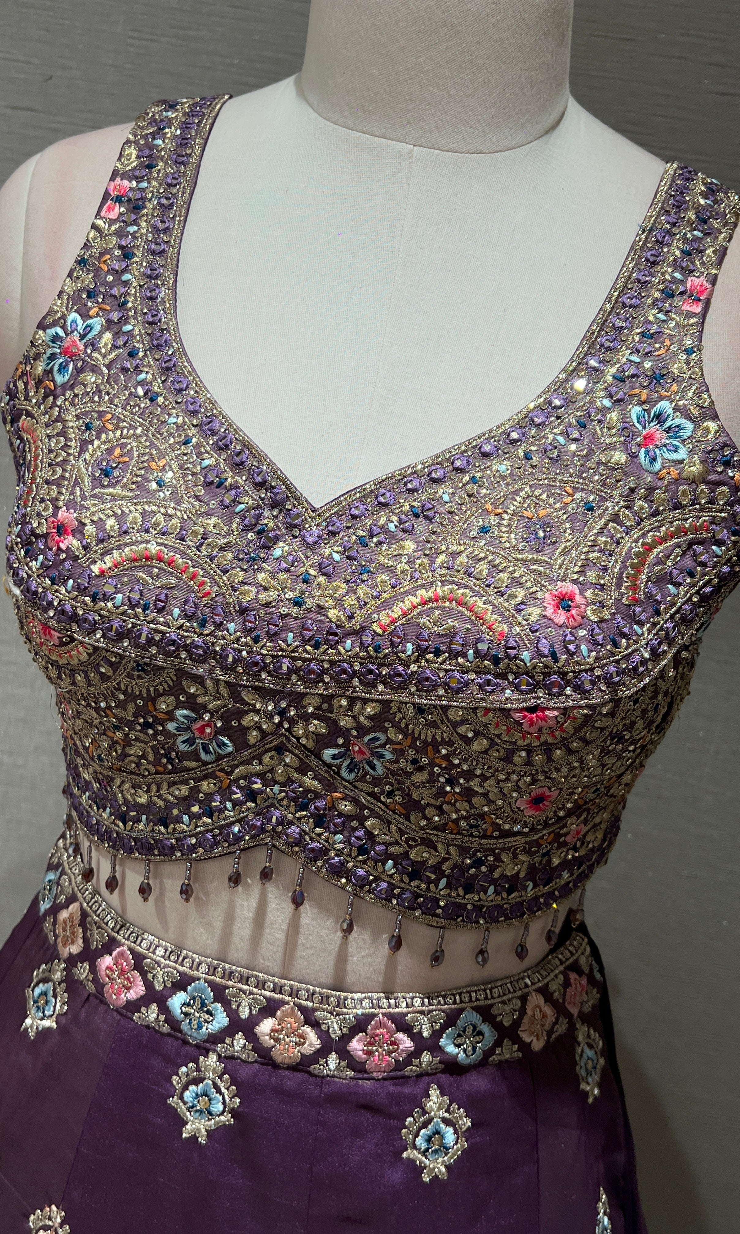 Lilac multicolour intricate embroidered Lehenga