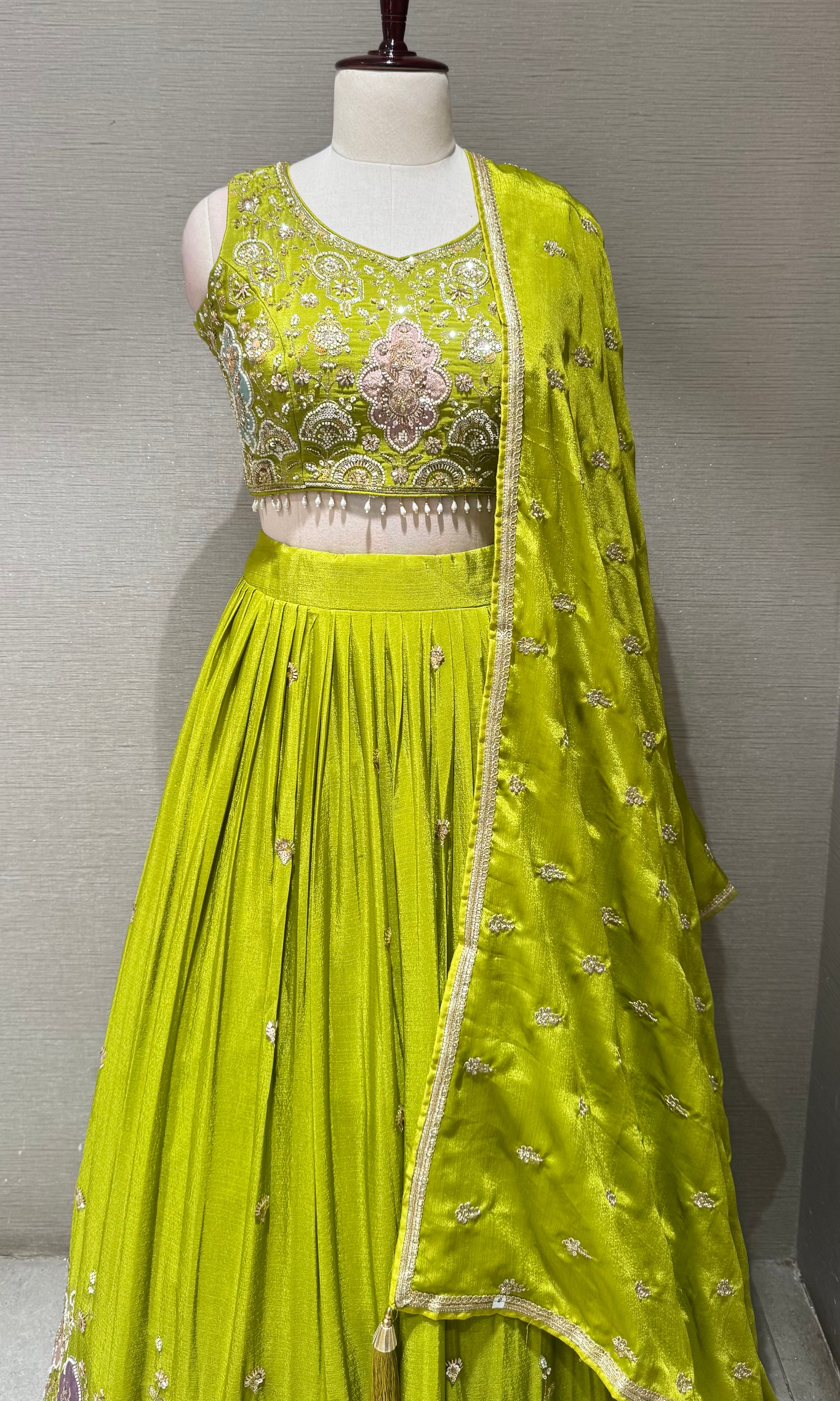 Lime Green Tissue silk Lehenga with Multi Floral border