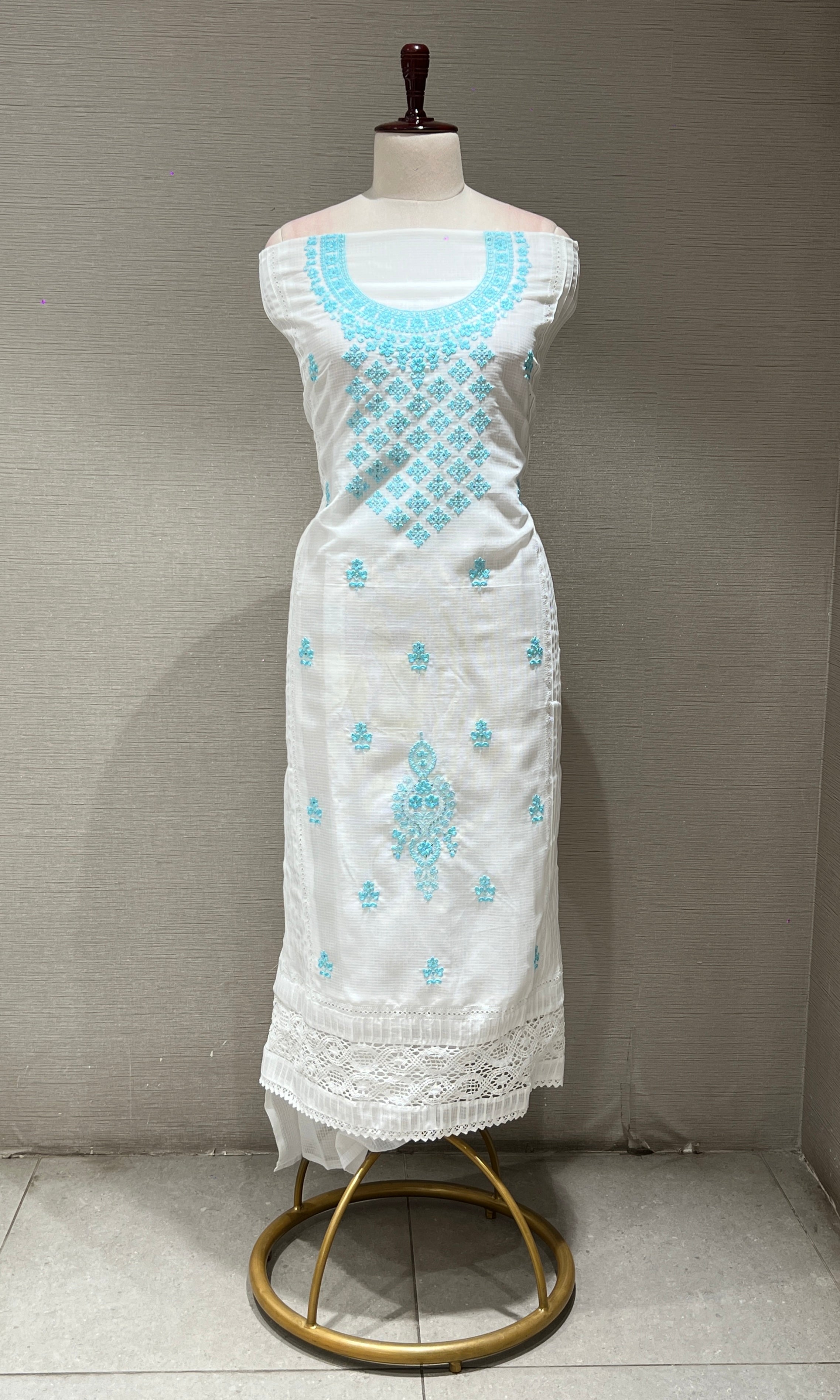 WHITE AND Blue FLORAL dress material