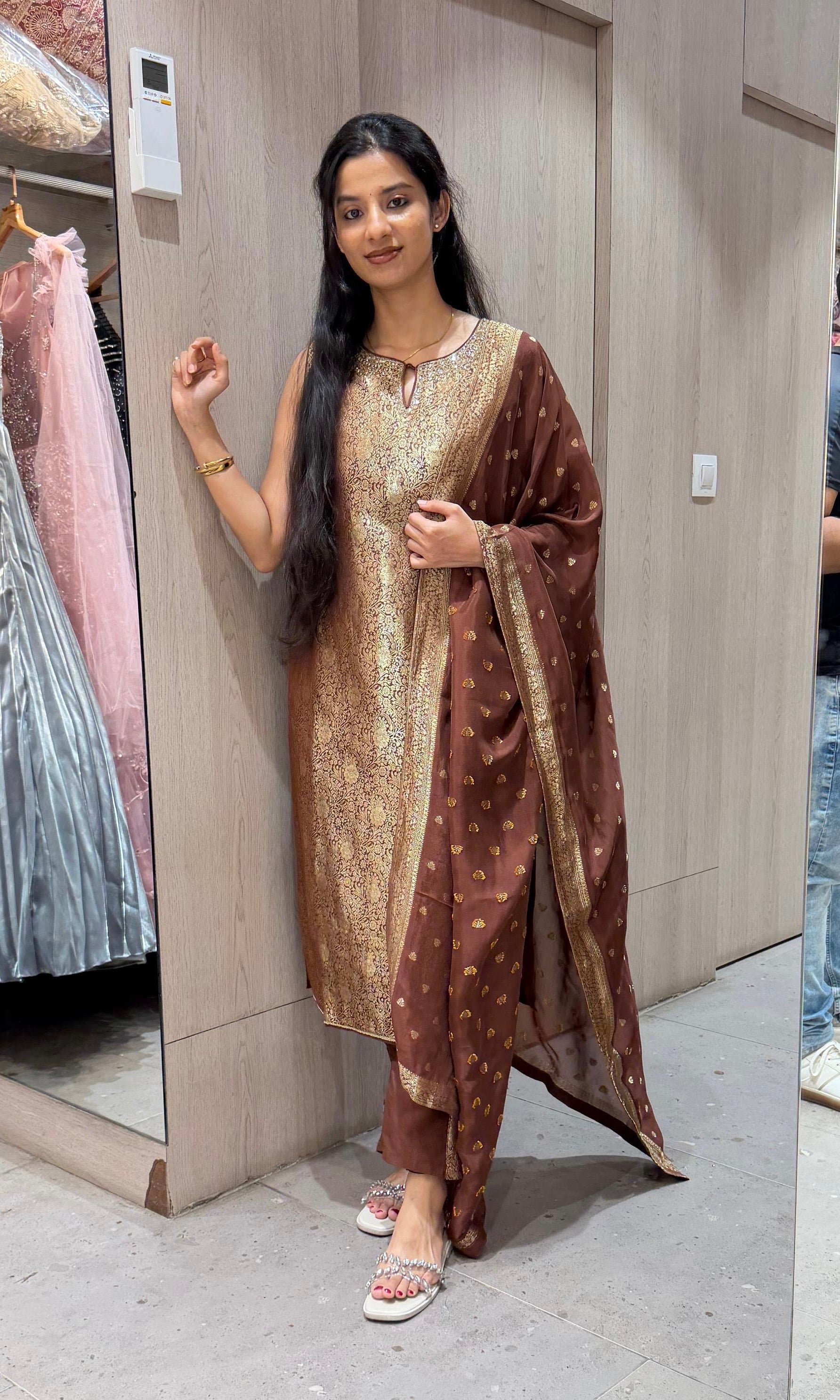 Brown Banarasi ethnic kurta set