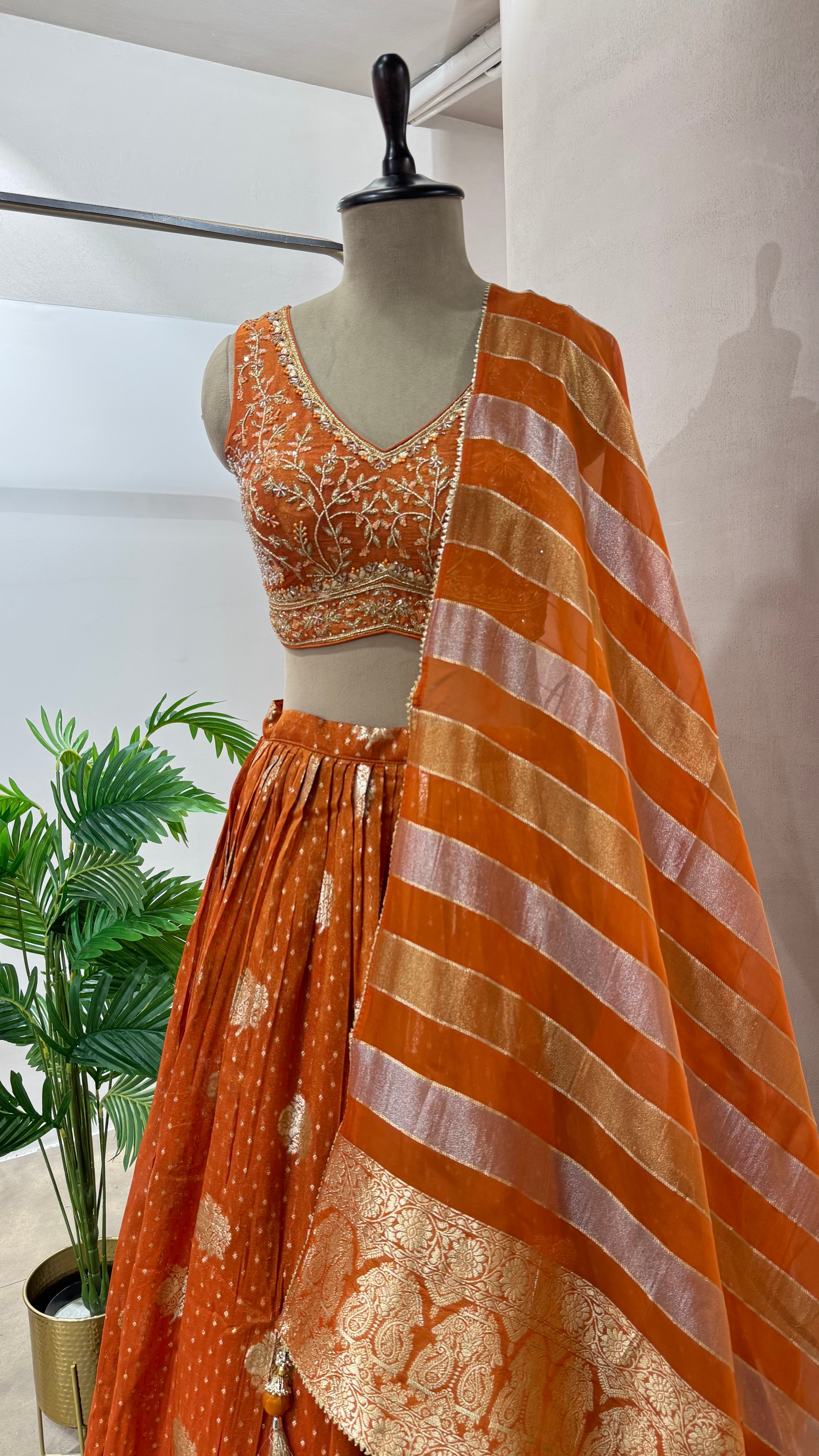 RUST GOLDEN EMBROIDERED LEHENGA WITH STRIPED DUPATTA