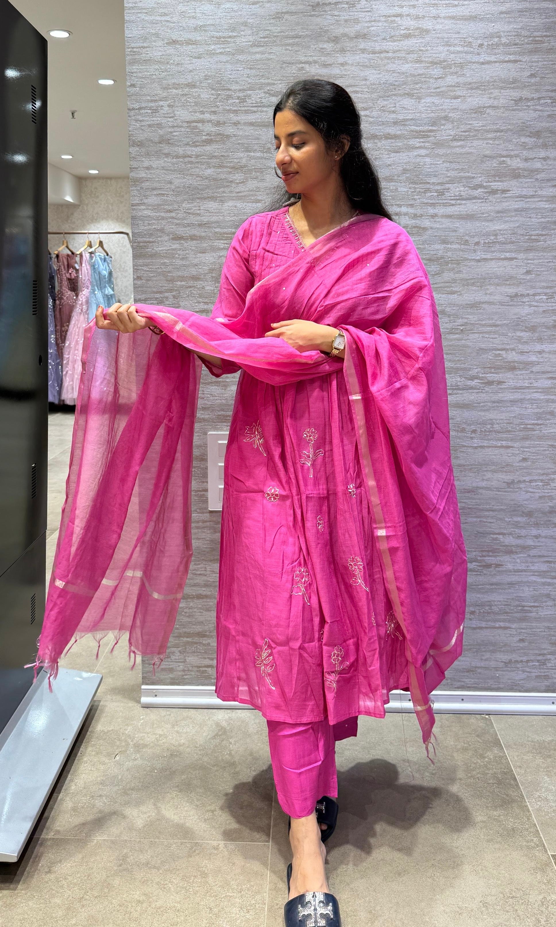 Fuchsia Bloom Mul Chanderi Set