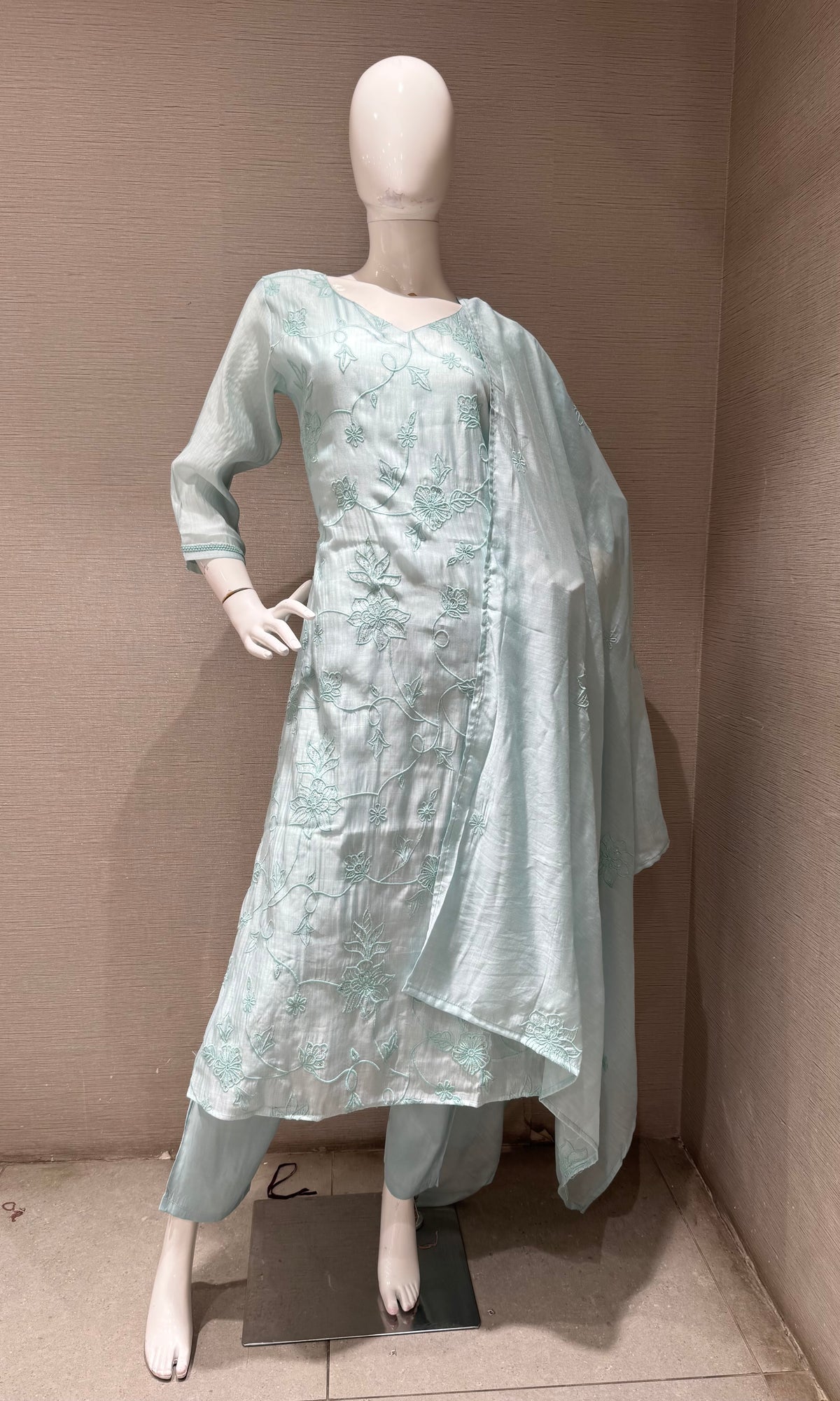 Sky blue silk floral embroidered kurta set with dupatta