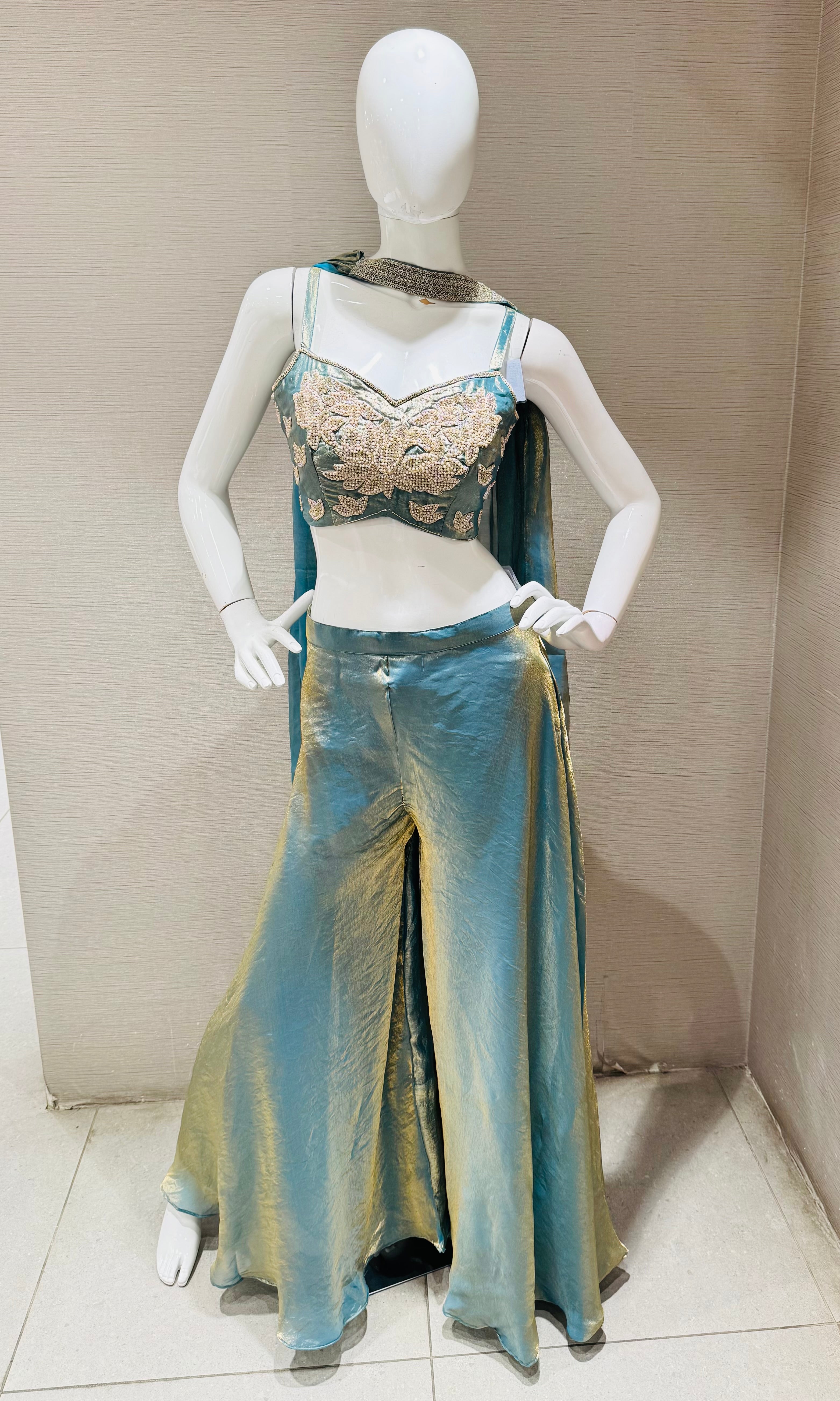 Sea Blue A-Line Shimmer Tissue Palazzo Set