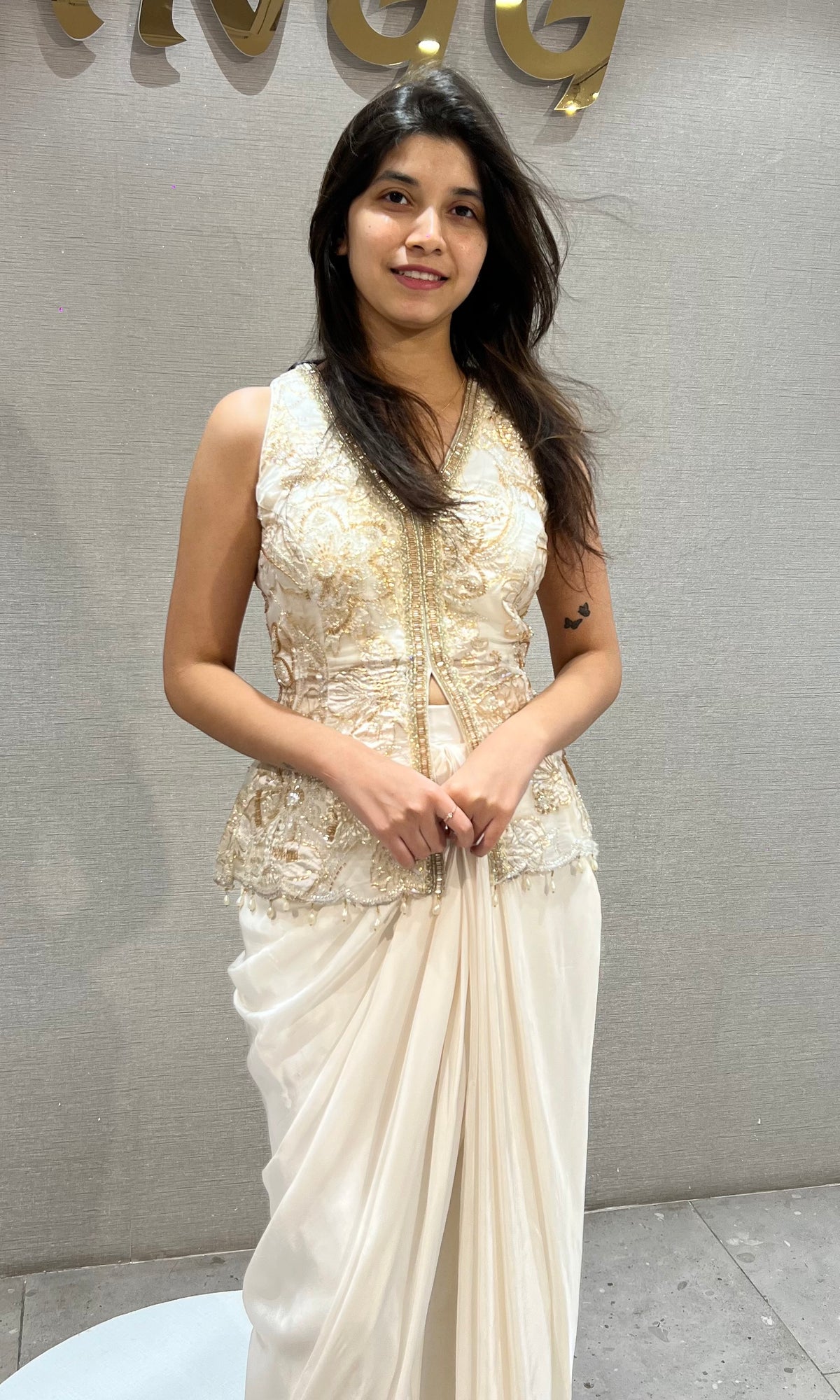 White Georgette Gold Embroidered Jacket with Draped Skirt