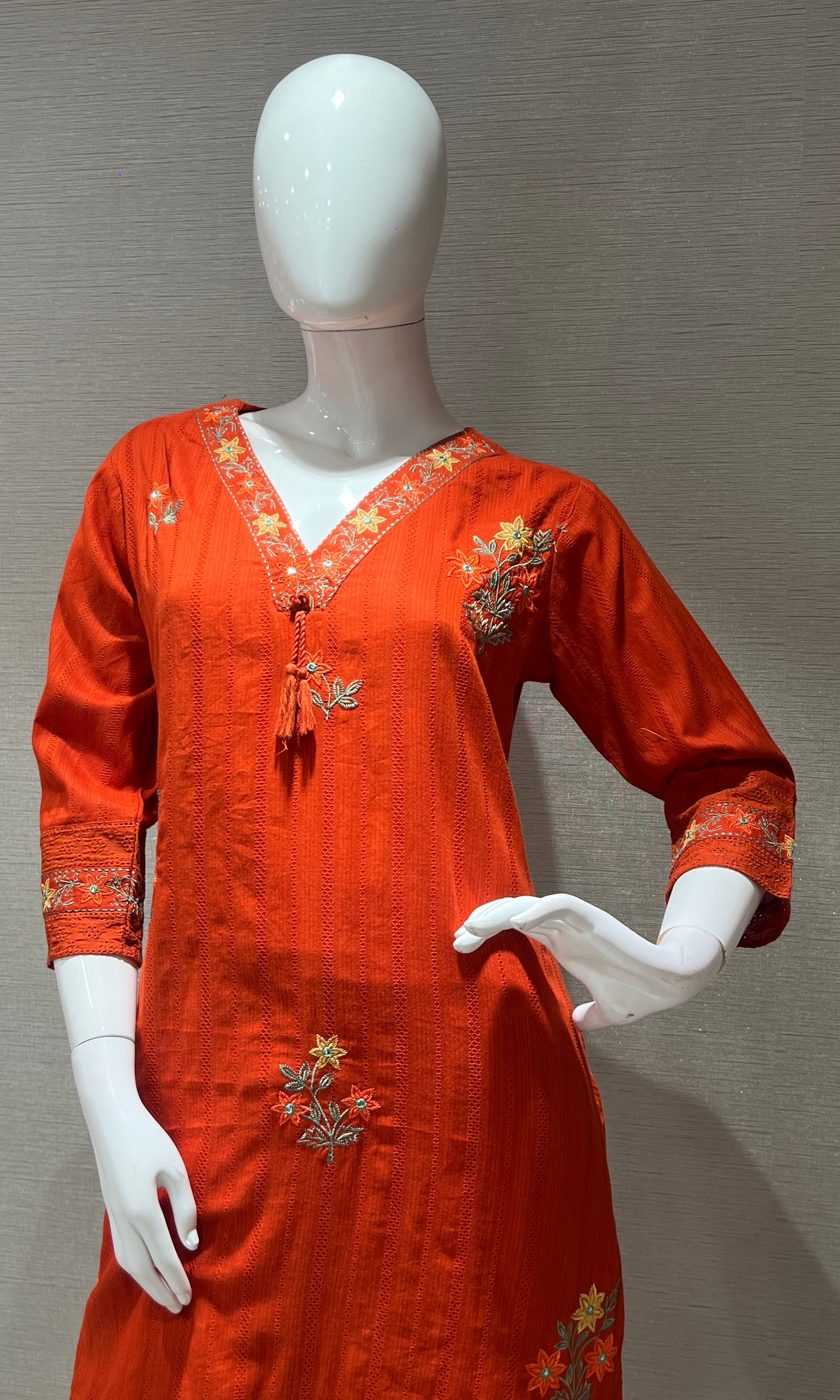 Rust Orange Floral Embroidered Kurta Set