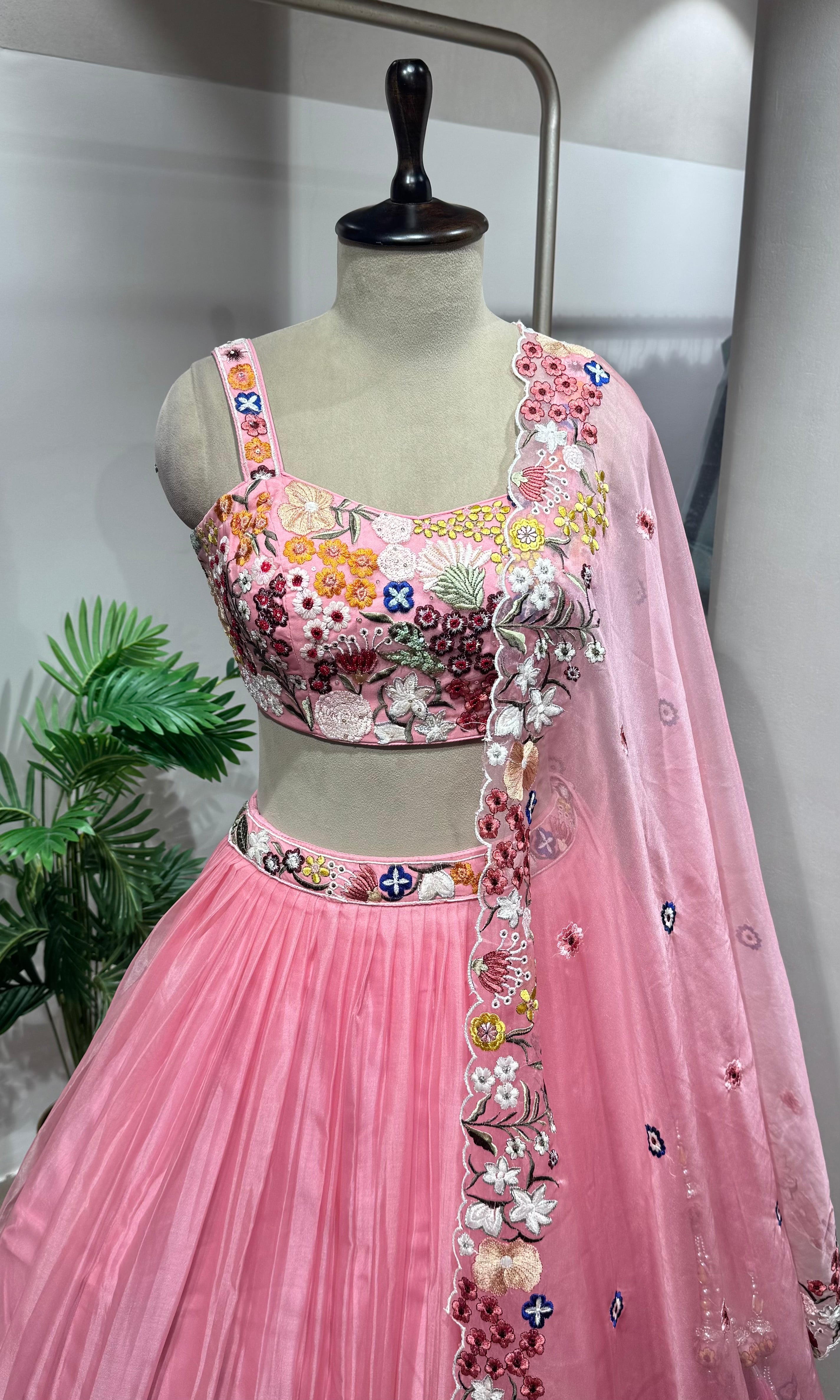 Pink floral embroidered lehenga set