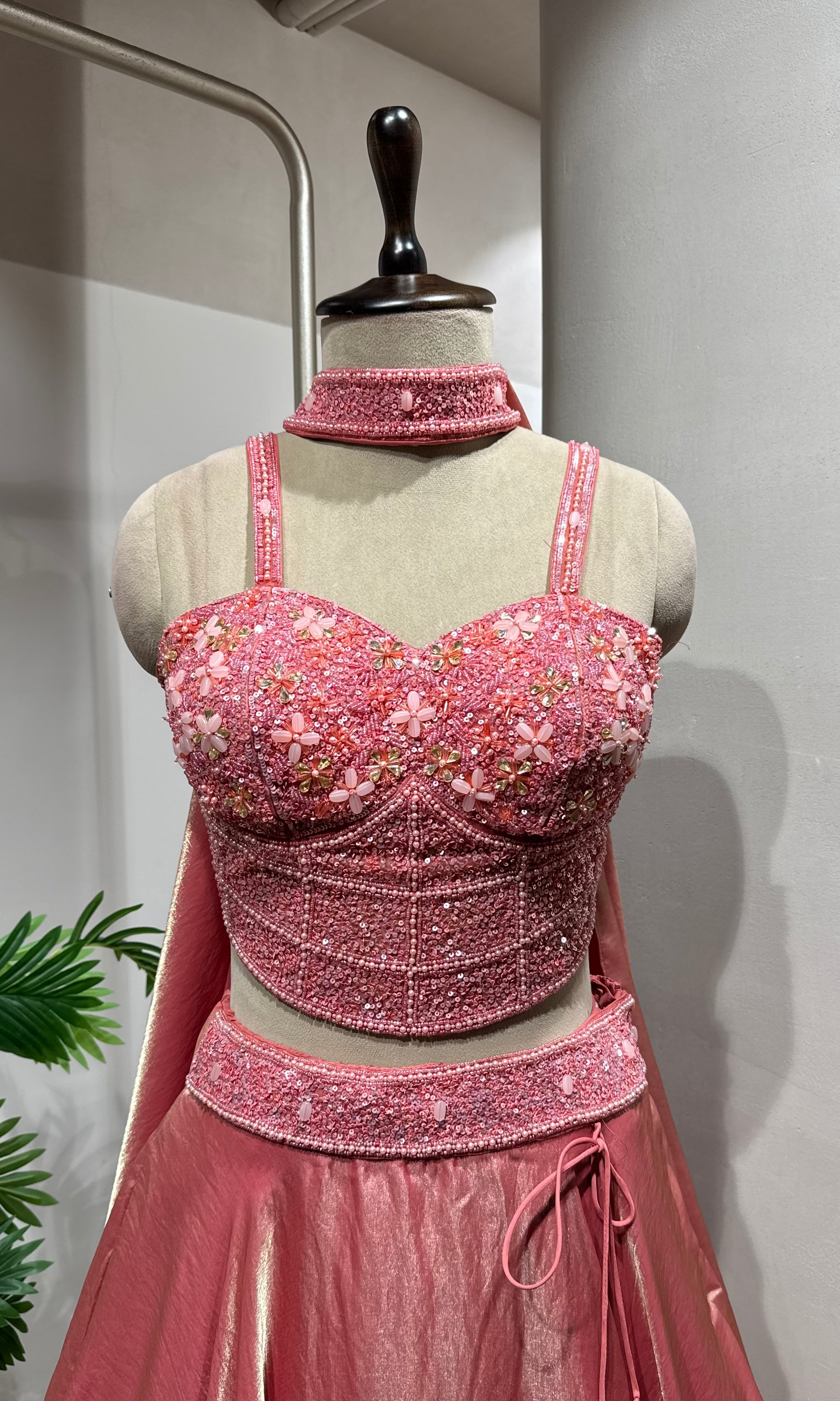 pink shimmer silk lehenga with corset blouse