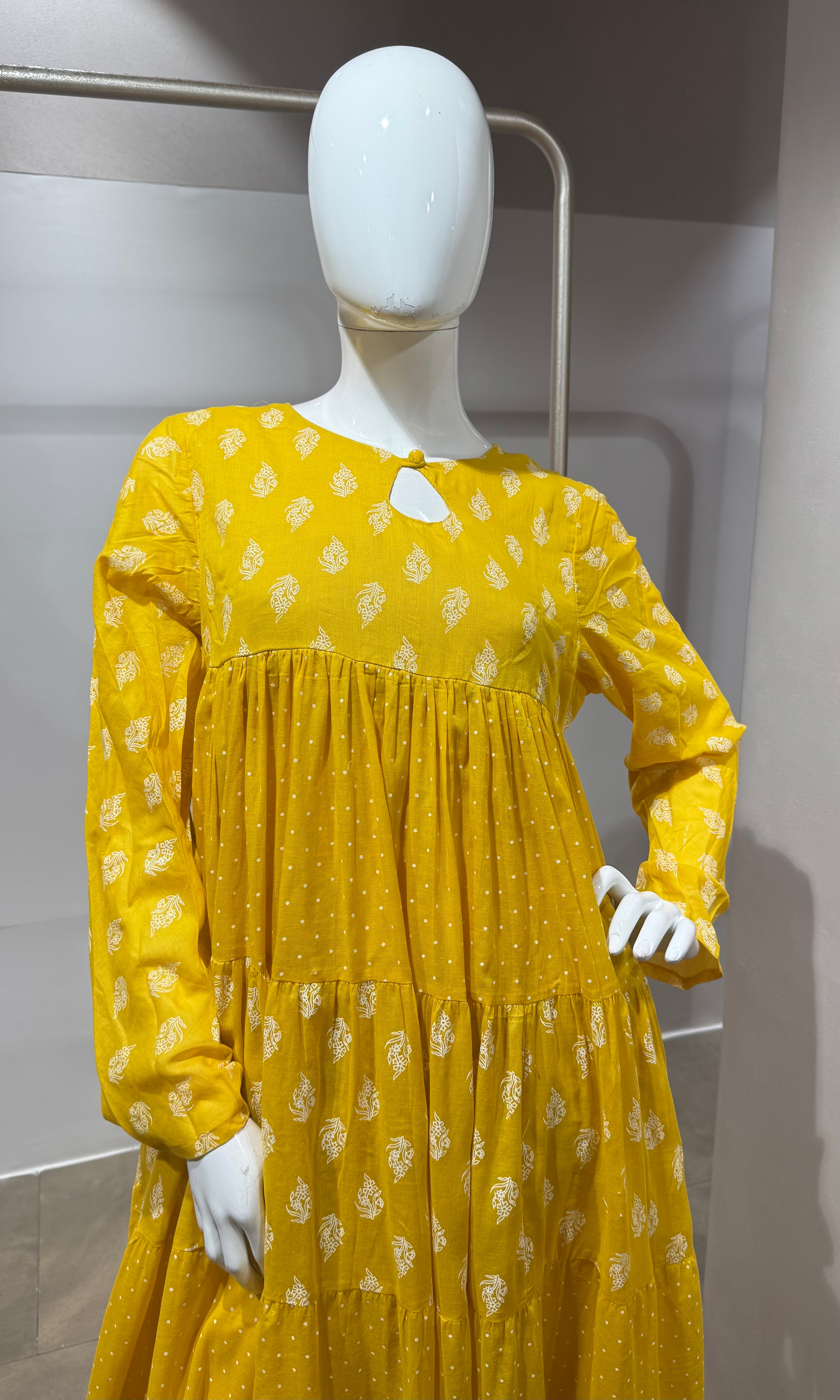 Mustard Floral Block Print anarkali Set with Dupatta
