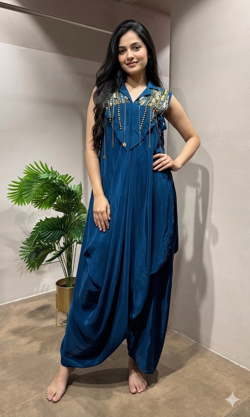 Teal Blue Embellished Draped Dothi style