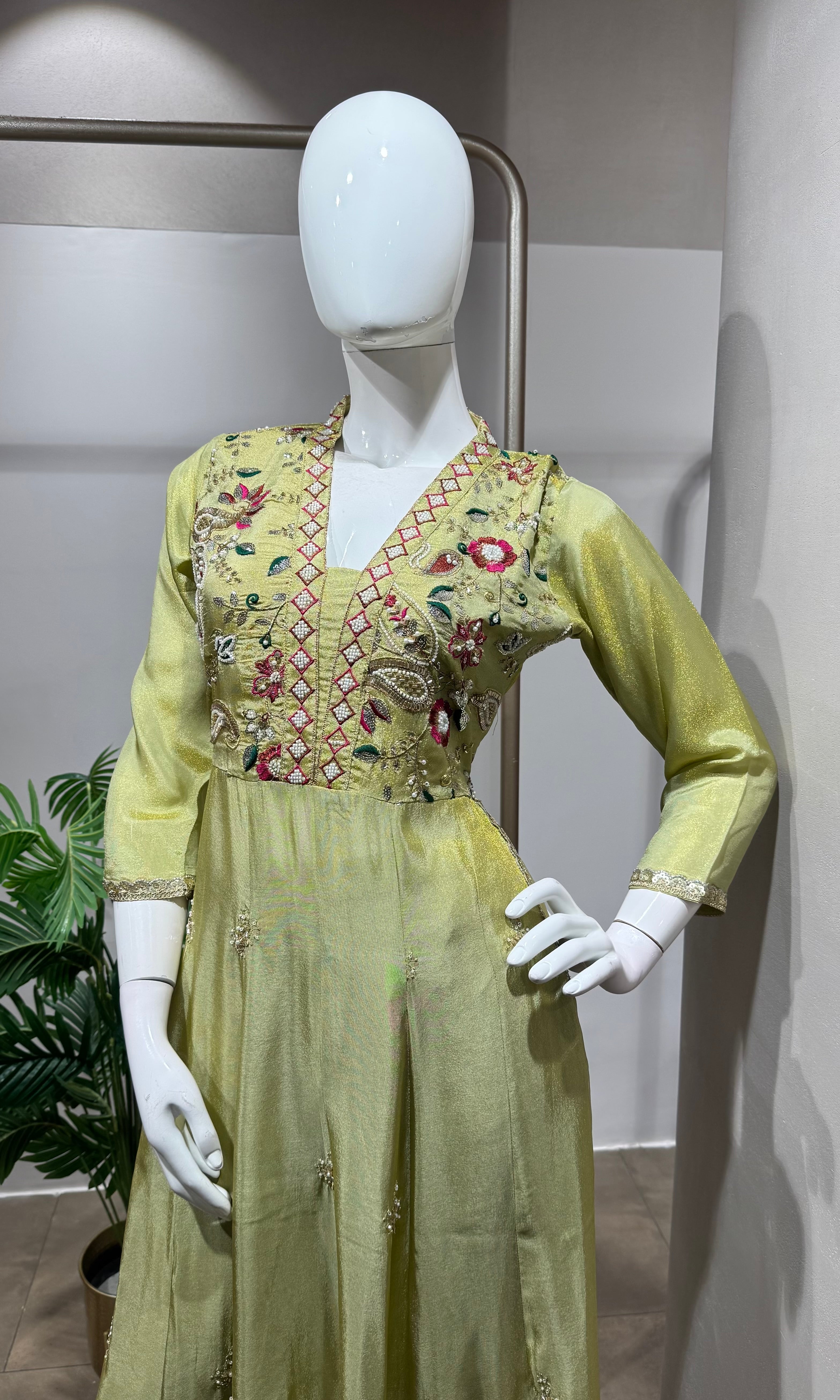 Pista Green Floral design Anarkali kurta set
