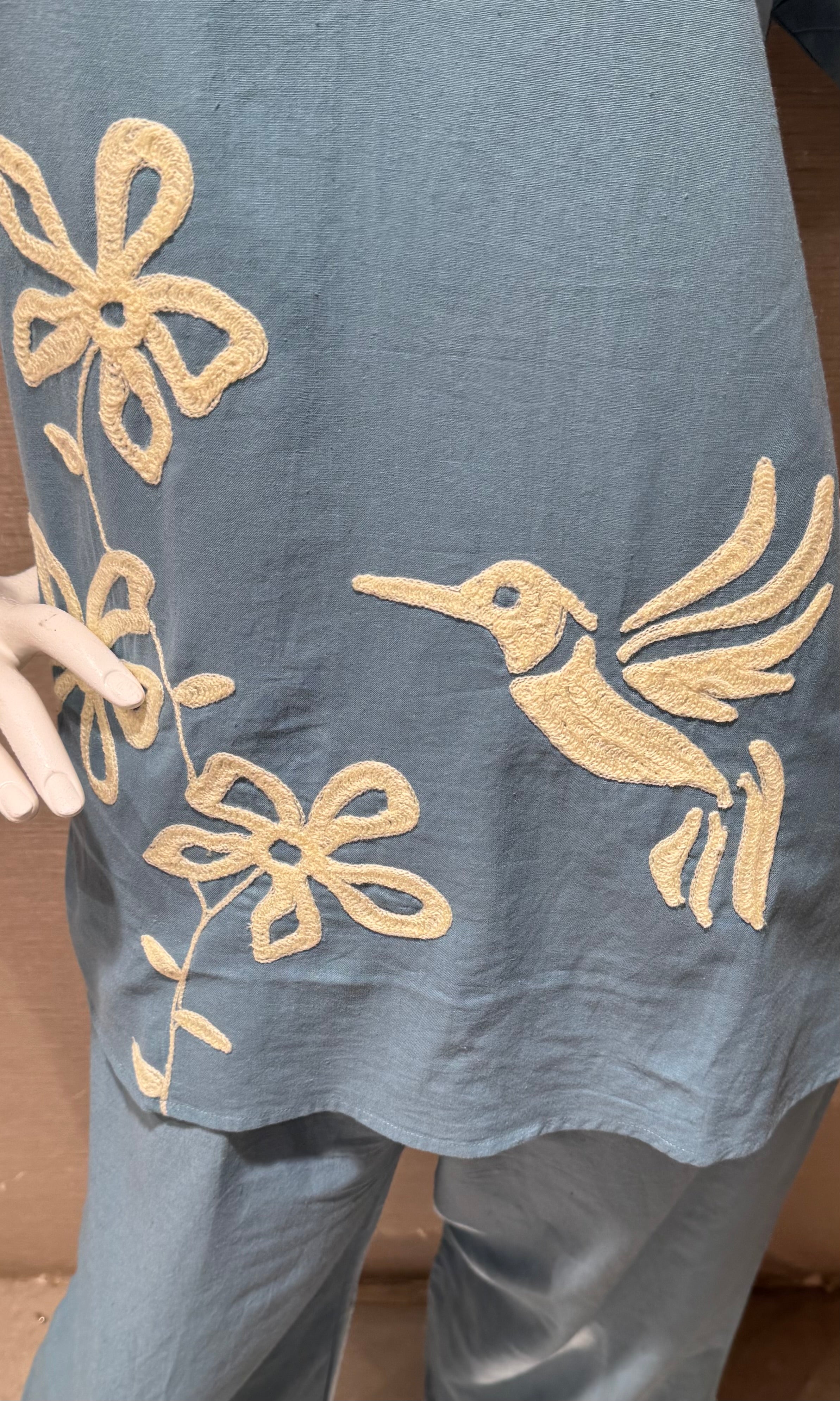 Blue Floral With Bird Embroidered Cord Set