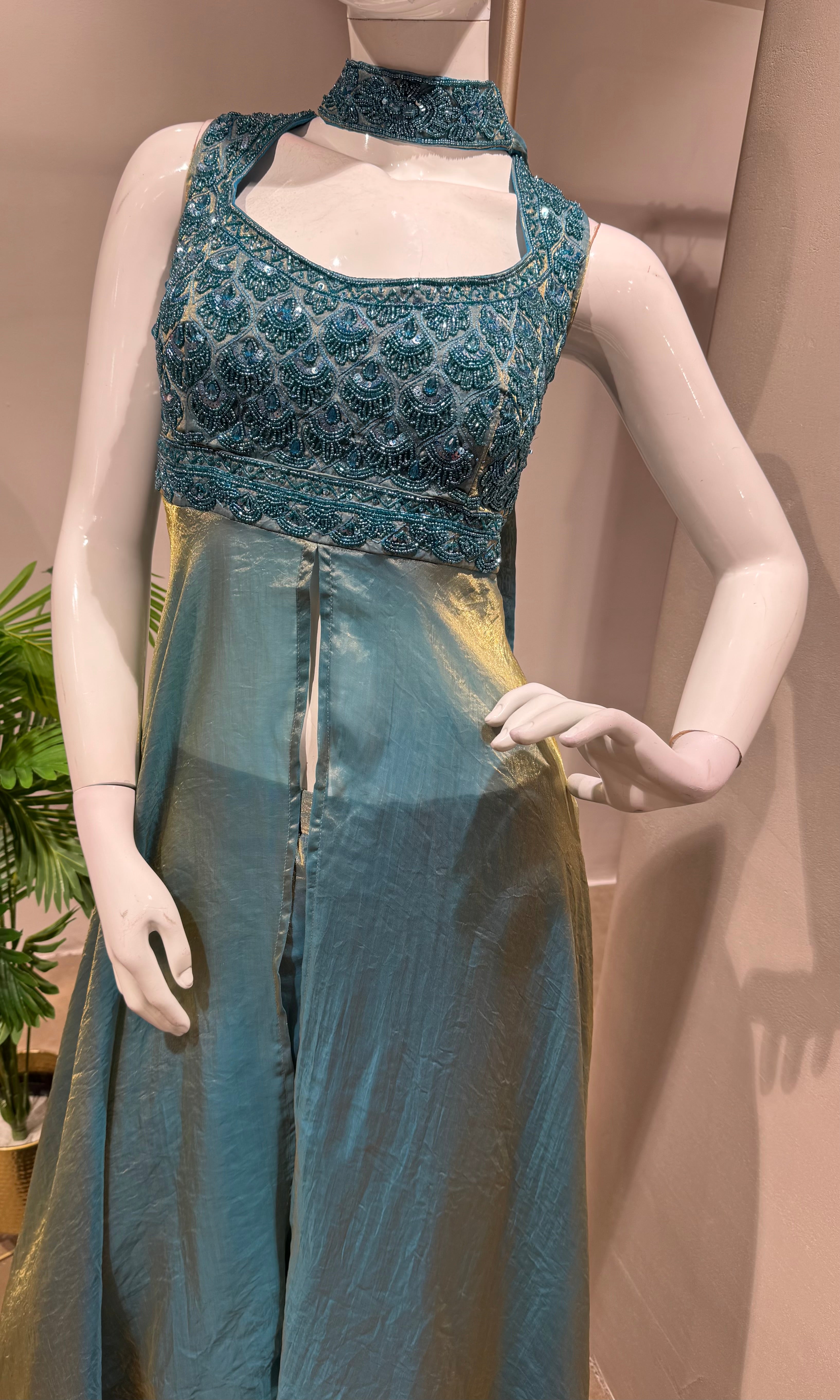 BLUE FRONT SLIT ANARKALI SET WITH PALAZZO PANTS