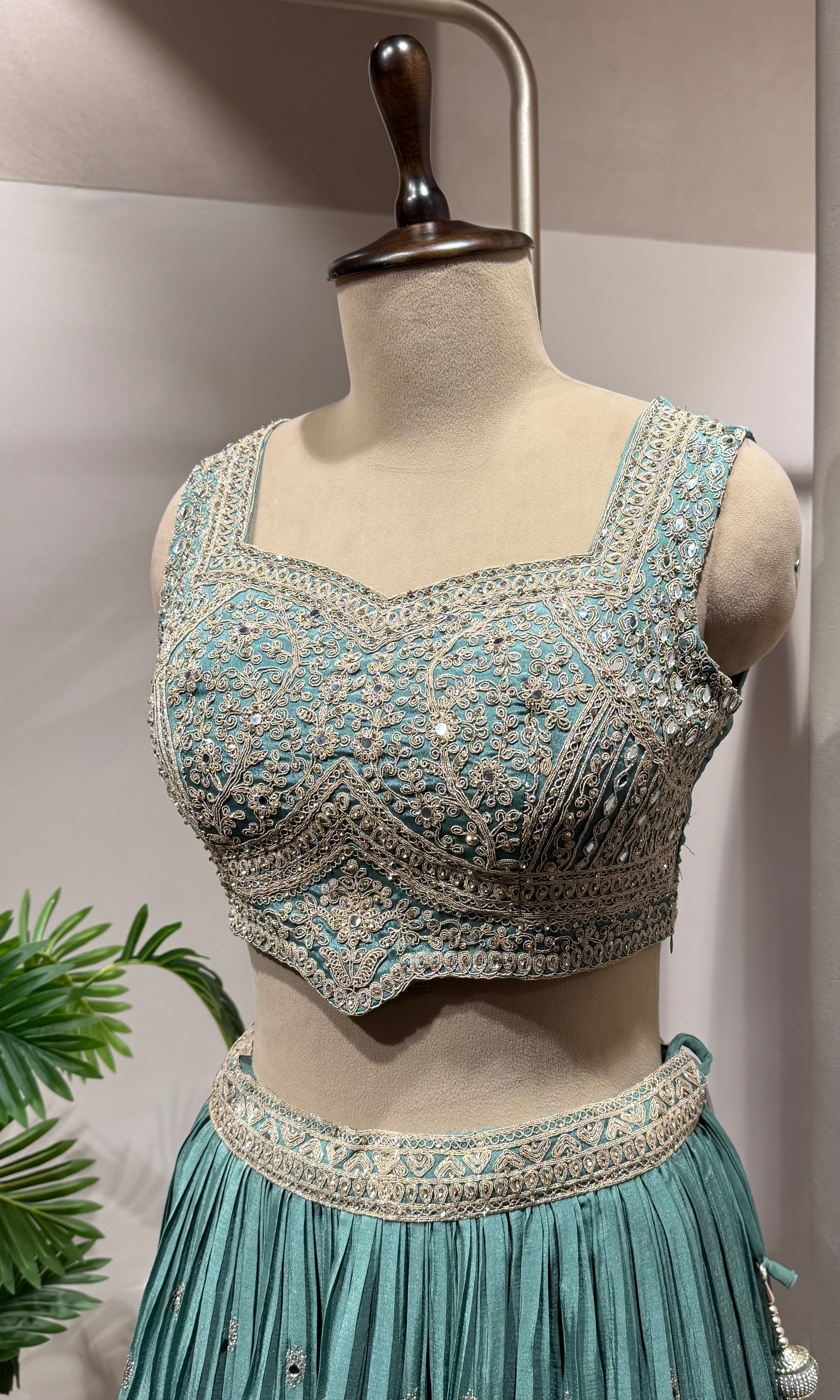 Light Green Embroidered Crop Top Lehenga