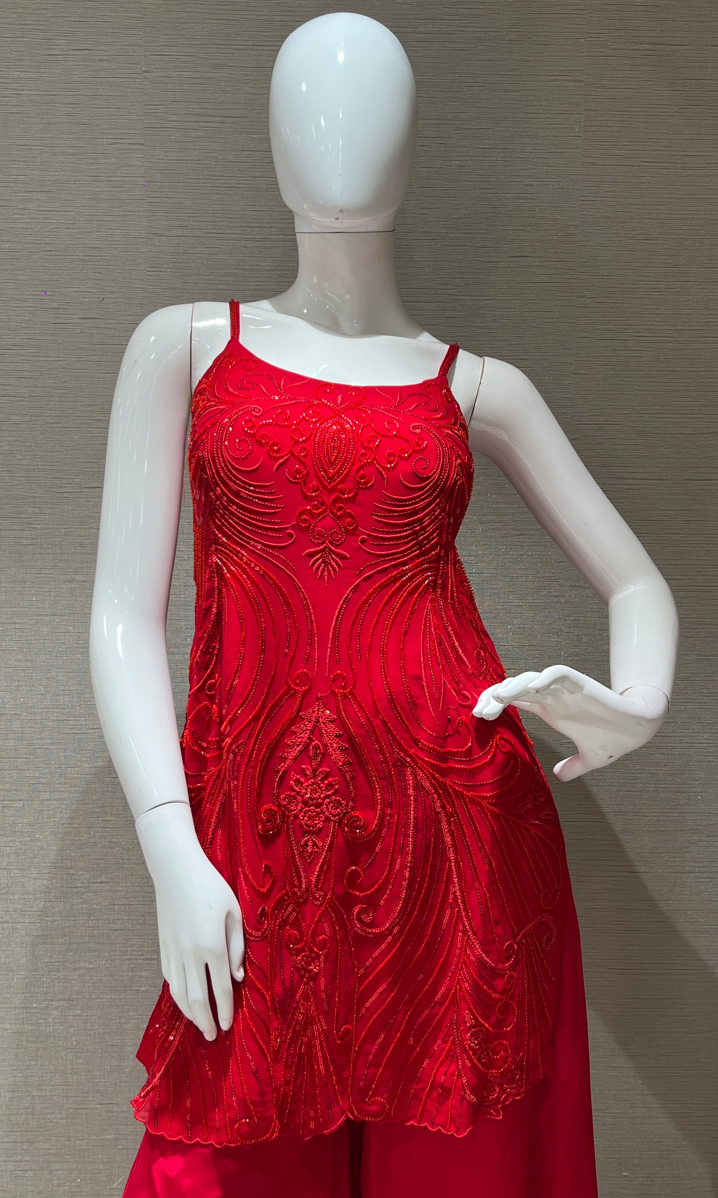 cherry Red silk palazzo set with bead work