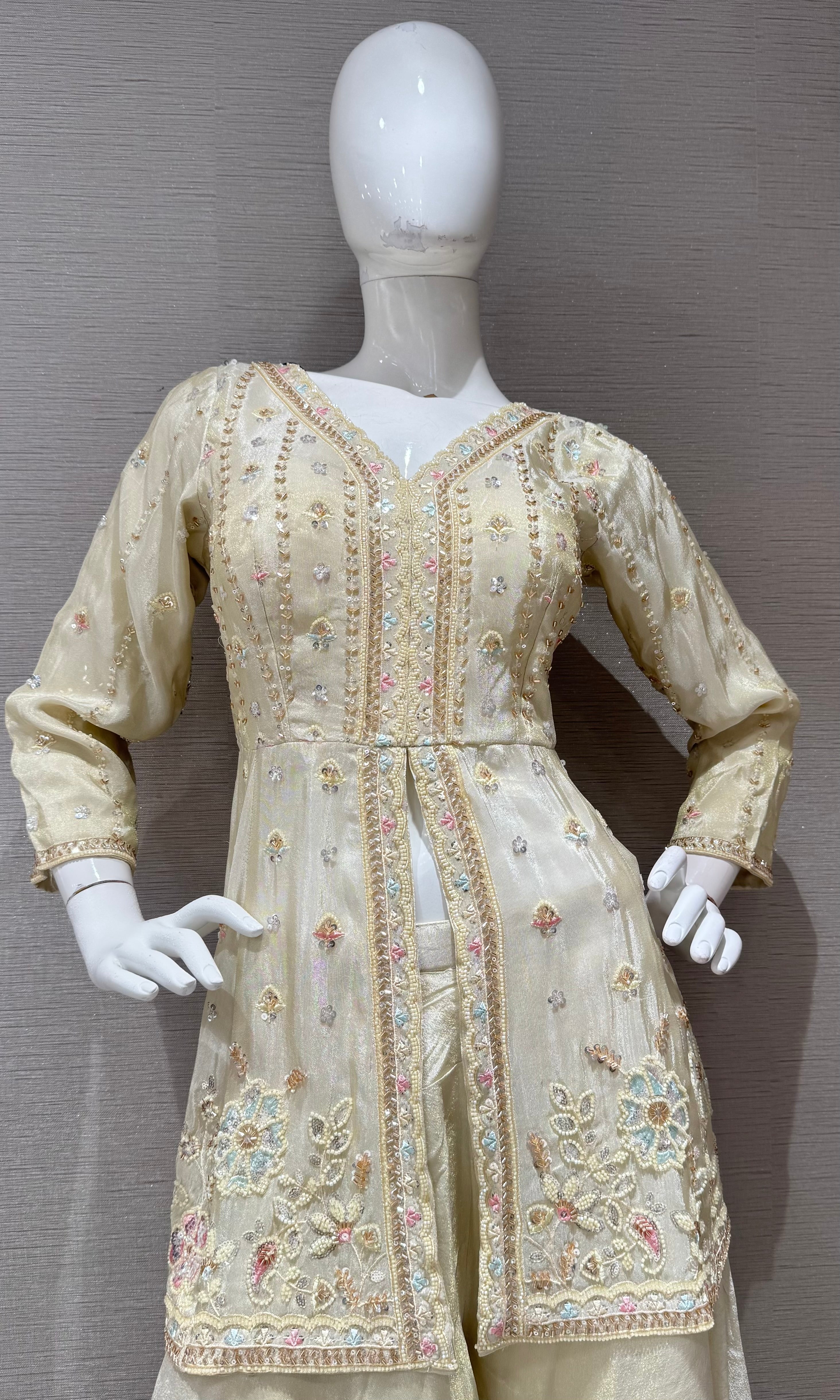 Cream Embroidered Tissue Peplum Palazzo set