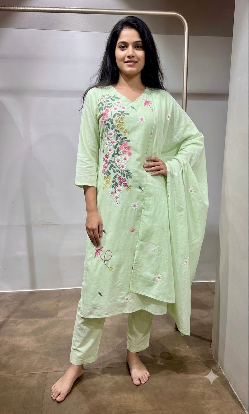 Pista green Pastel Floral Embroidered Kurta Set with Dupatta
