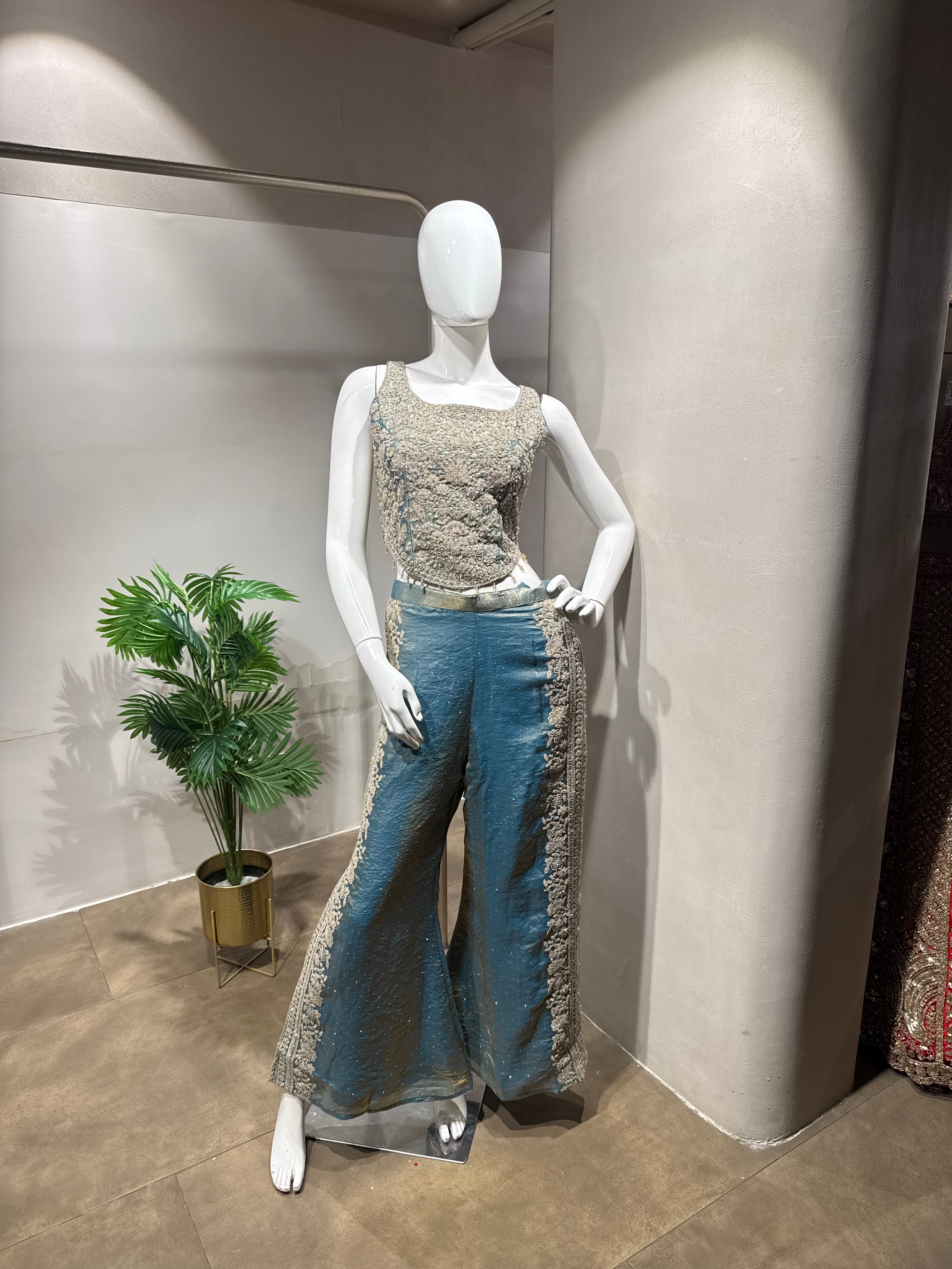 Blue golden Embroidered Tissue palazzo Set