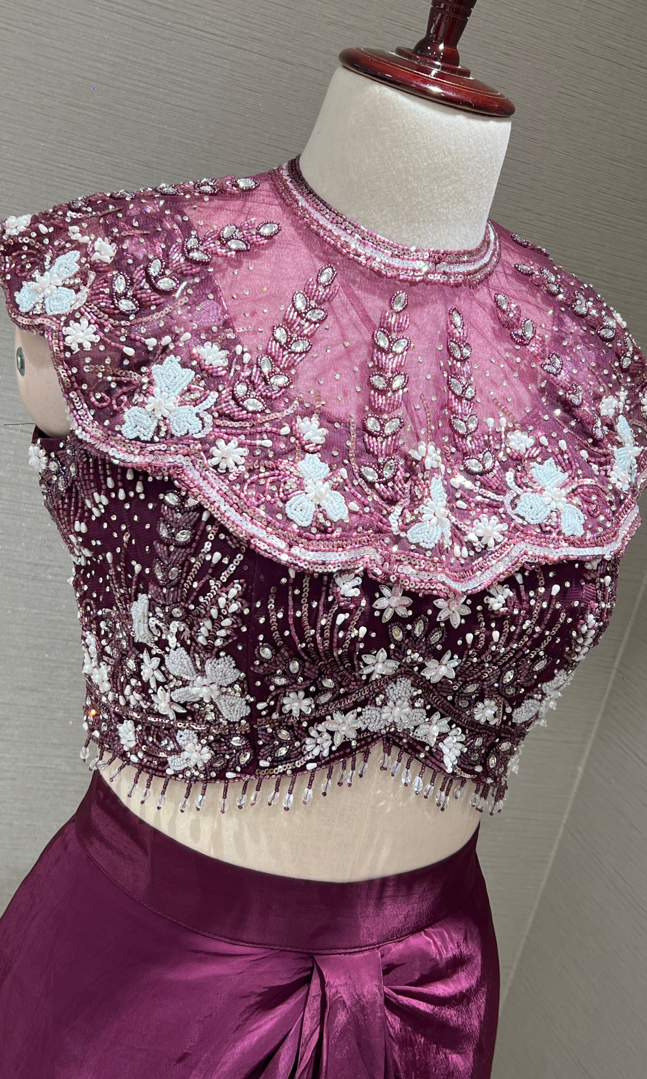 Wine Crystal Sequin BLOUSE with Ruffle Drape Skirt