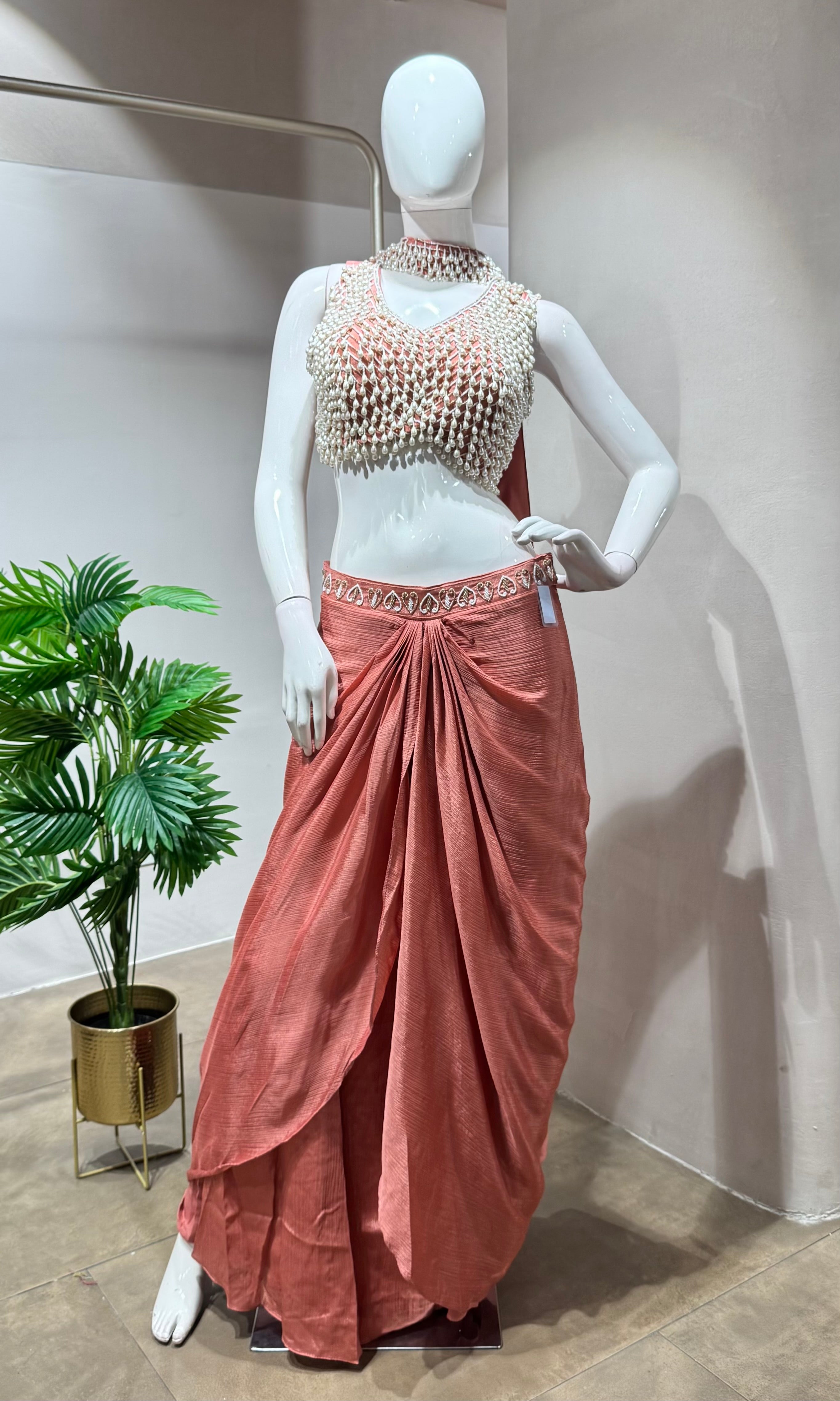 Onion pink designer pearl blouse with drape skirt