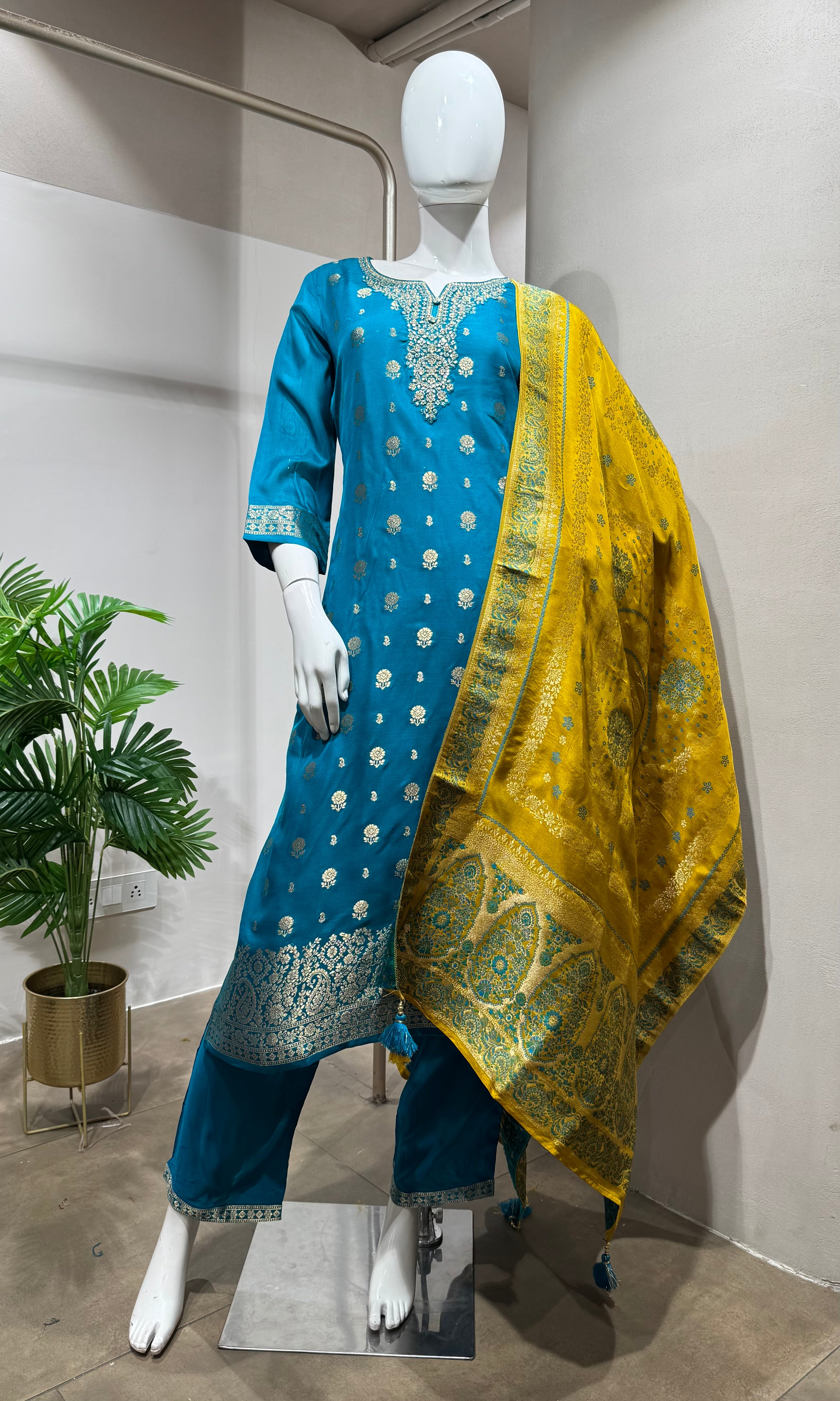 Rama blue silk kurta set with yellow dupatta
