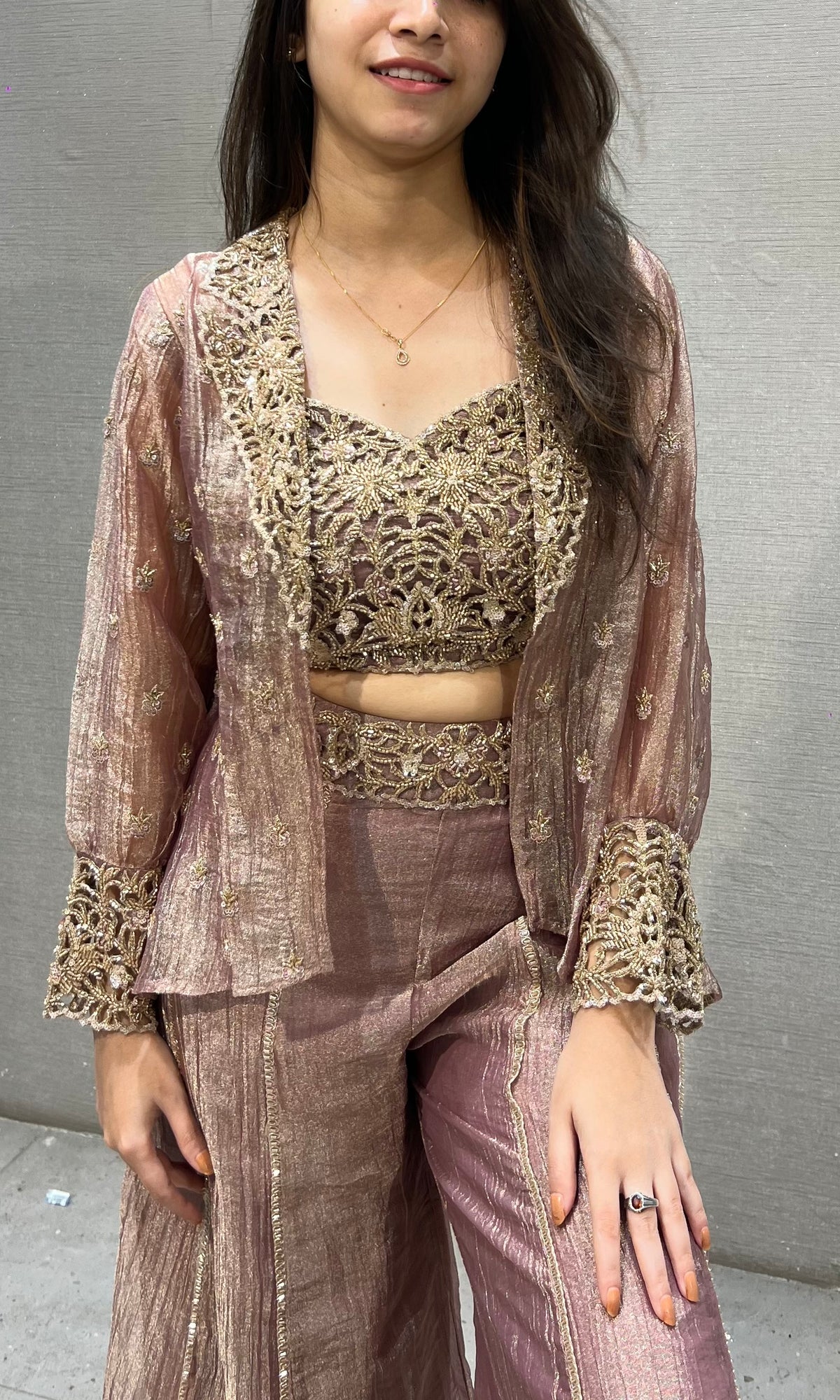 Elegant Rose Gold Shimmer Crop top Palazzo Set