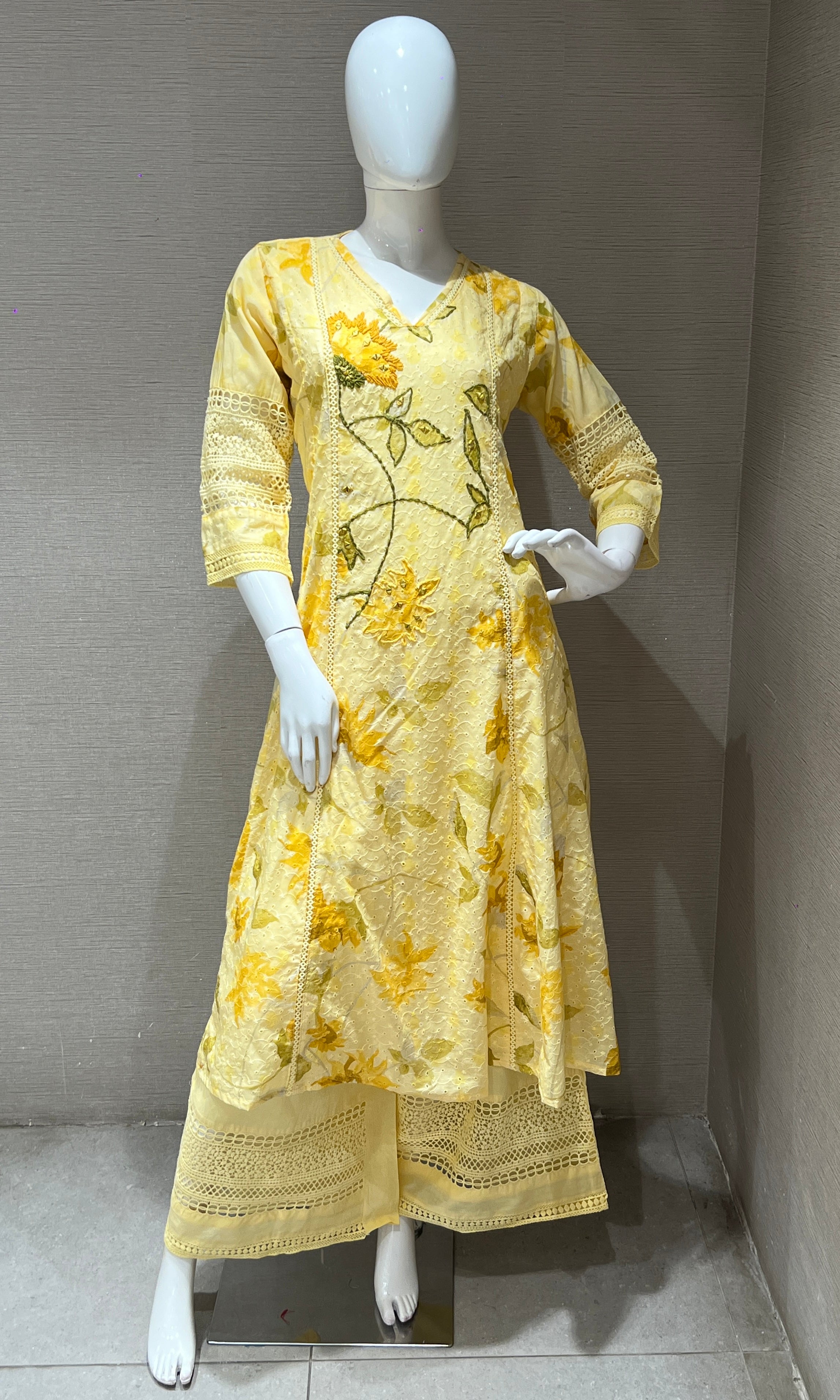 Yellow floral kurta with wide leg pants