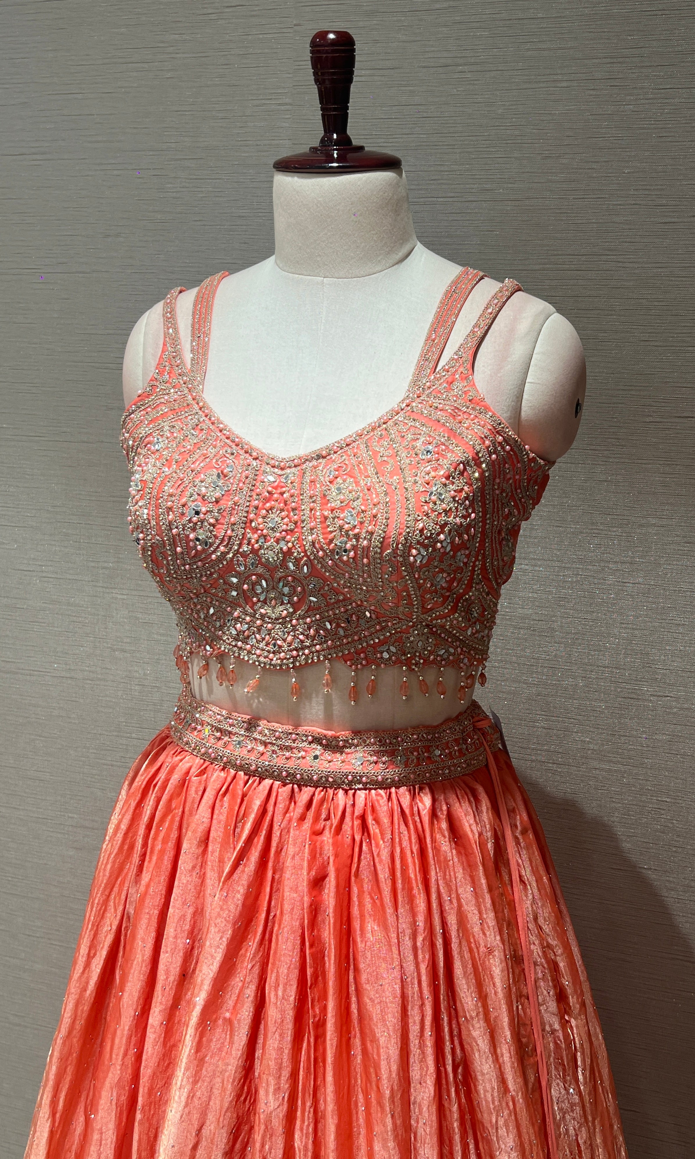 Peach embroidered silk Lehenga