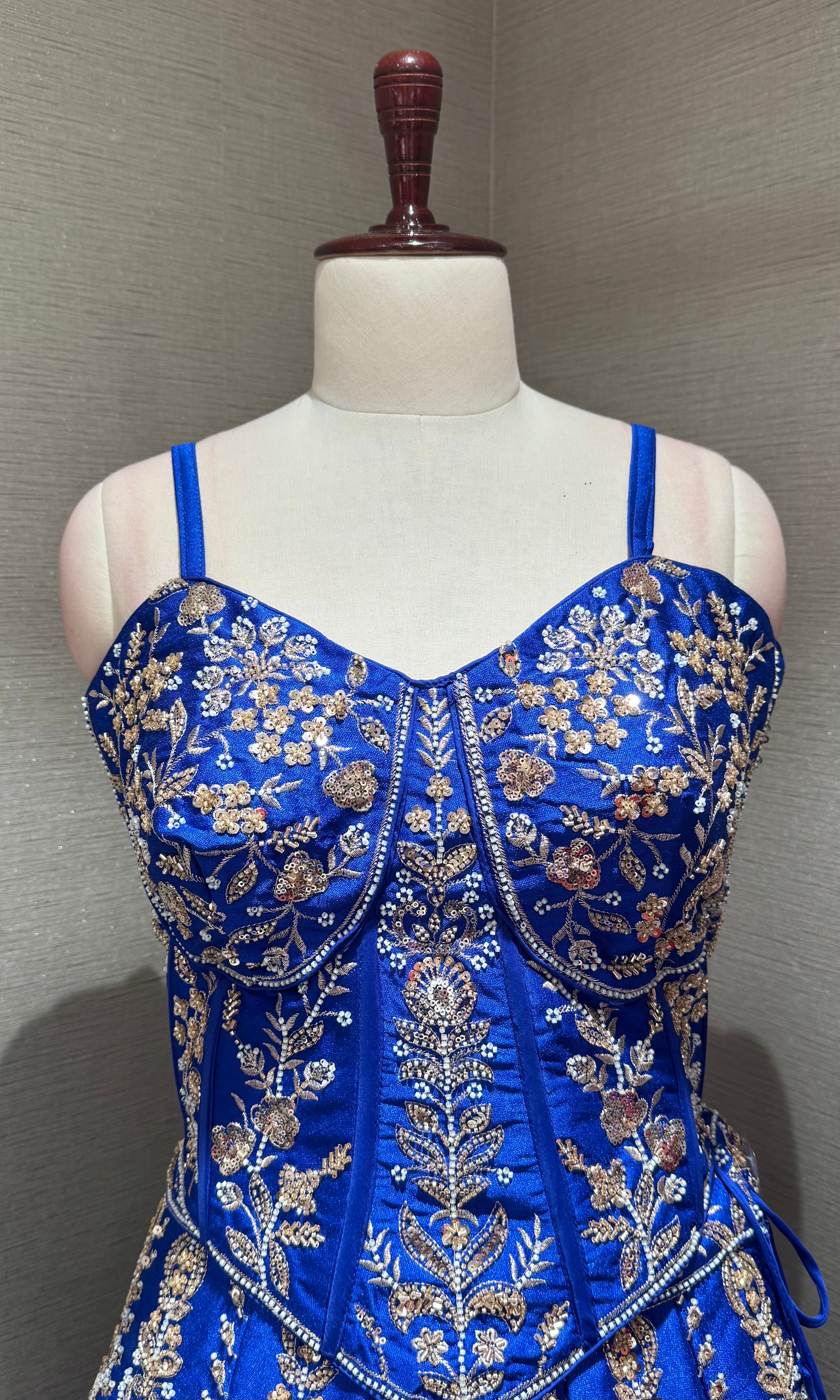 Royal blue embroidered peplum crop top lehenga