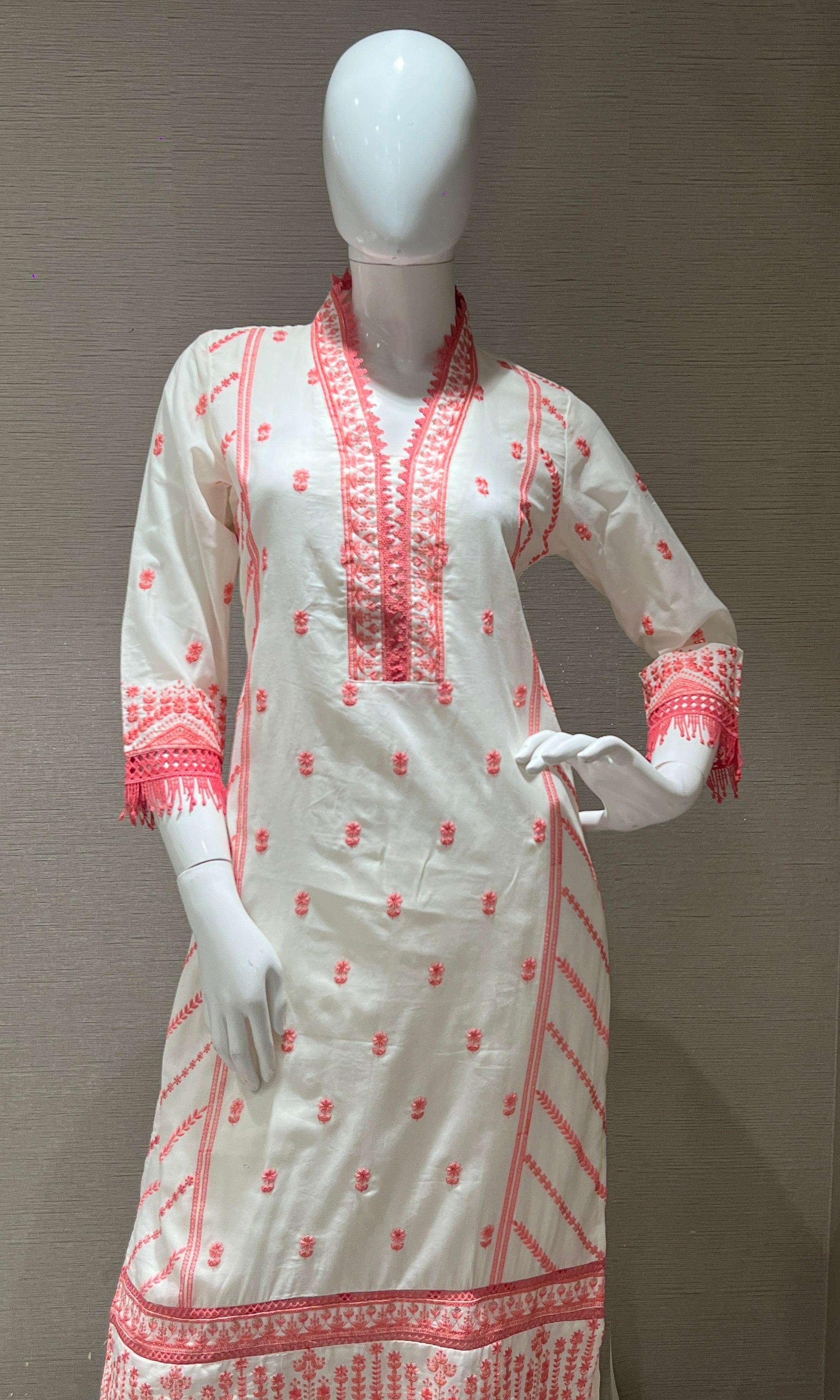 Peach and White Embroidered Kurta Set