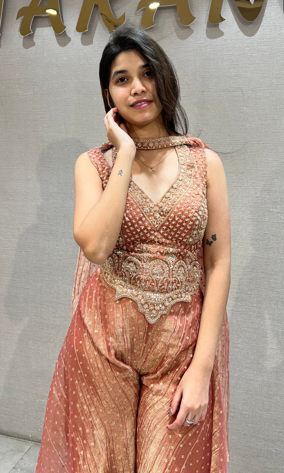 Rust Shimmer embroidered crop top palazzo set