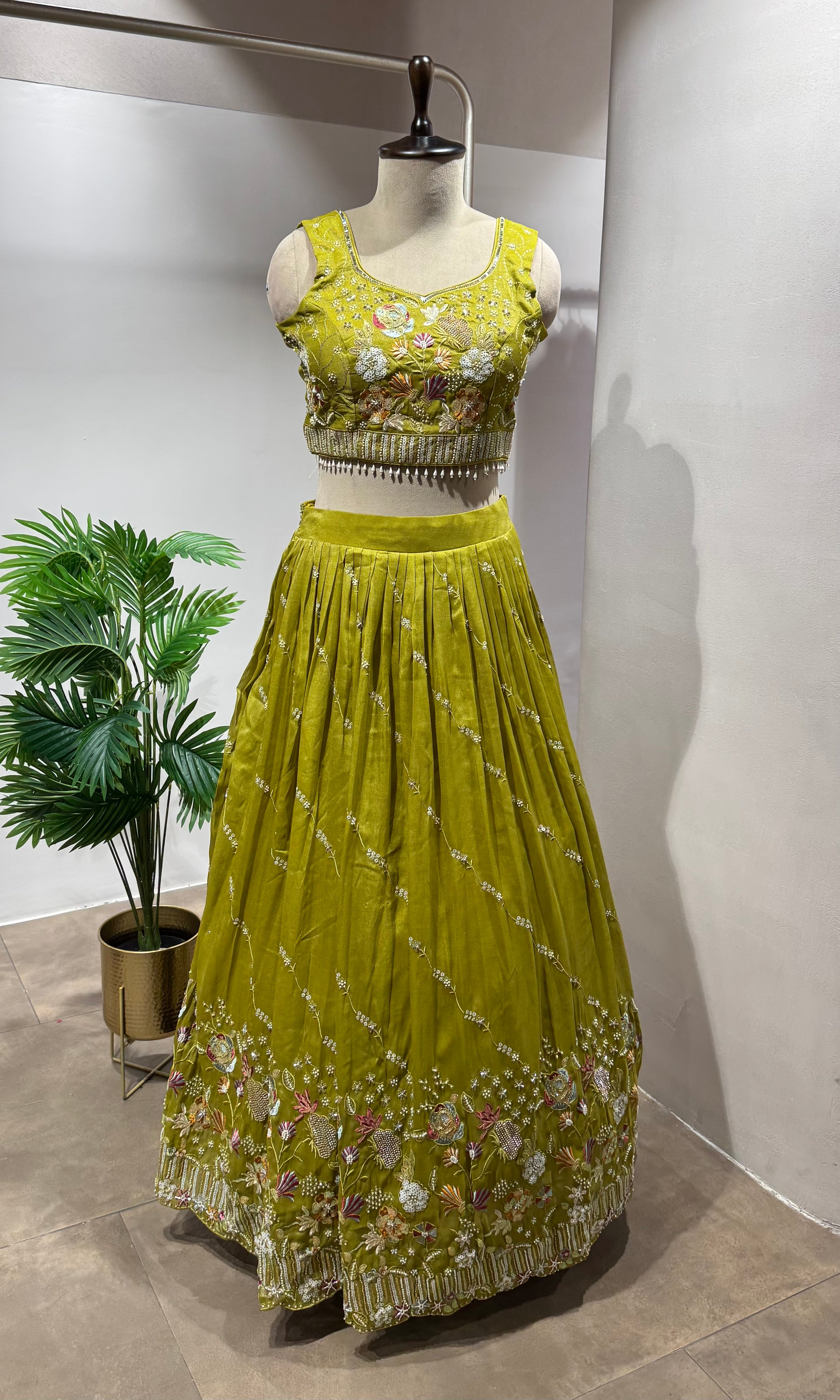 GREEN FLORAL EMBROIDERED LEHENGA