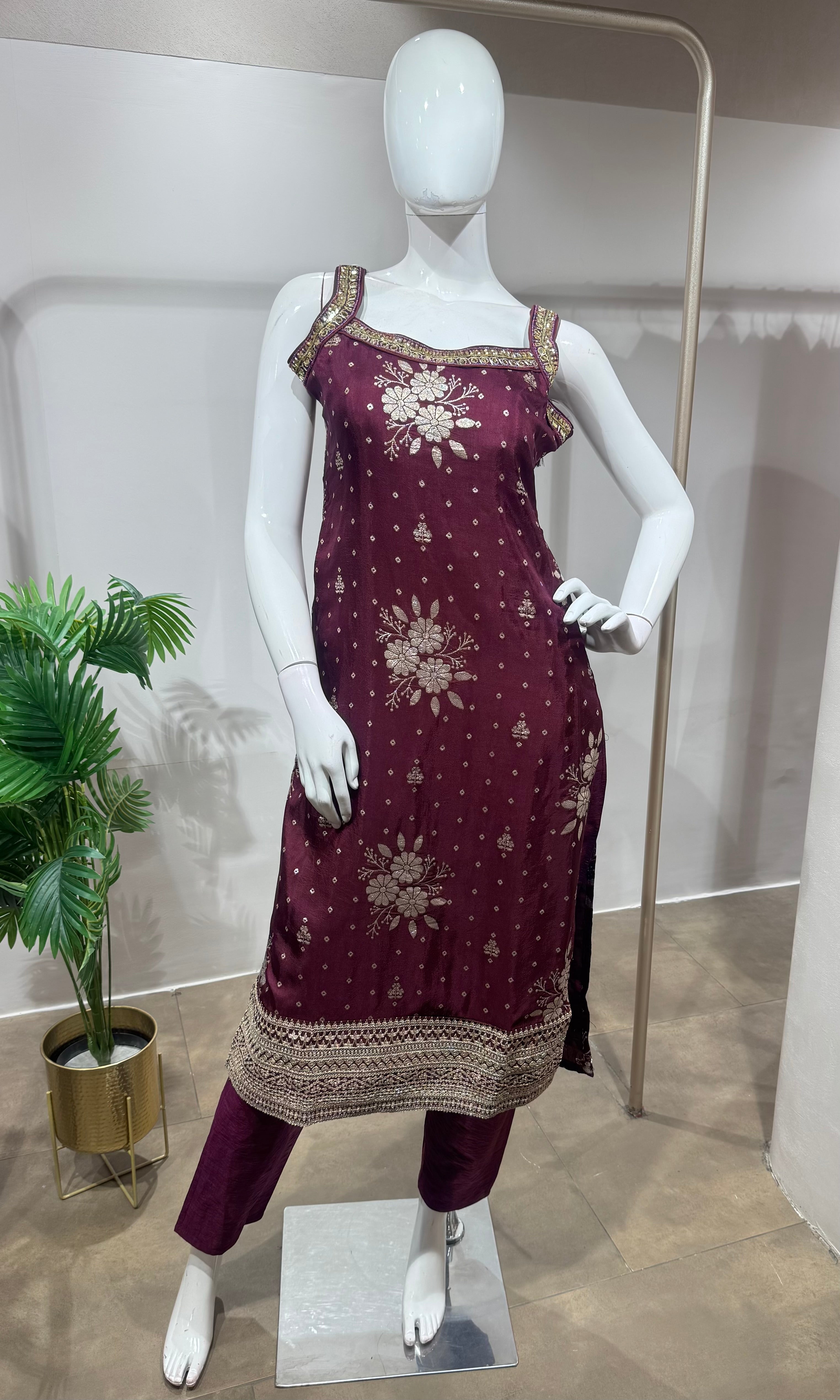 Plum wine Embroidered Silk kurta set