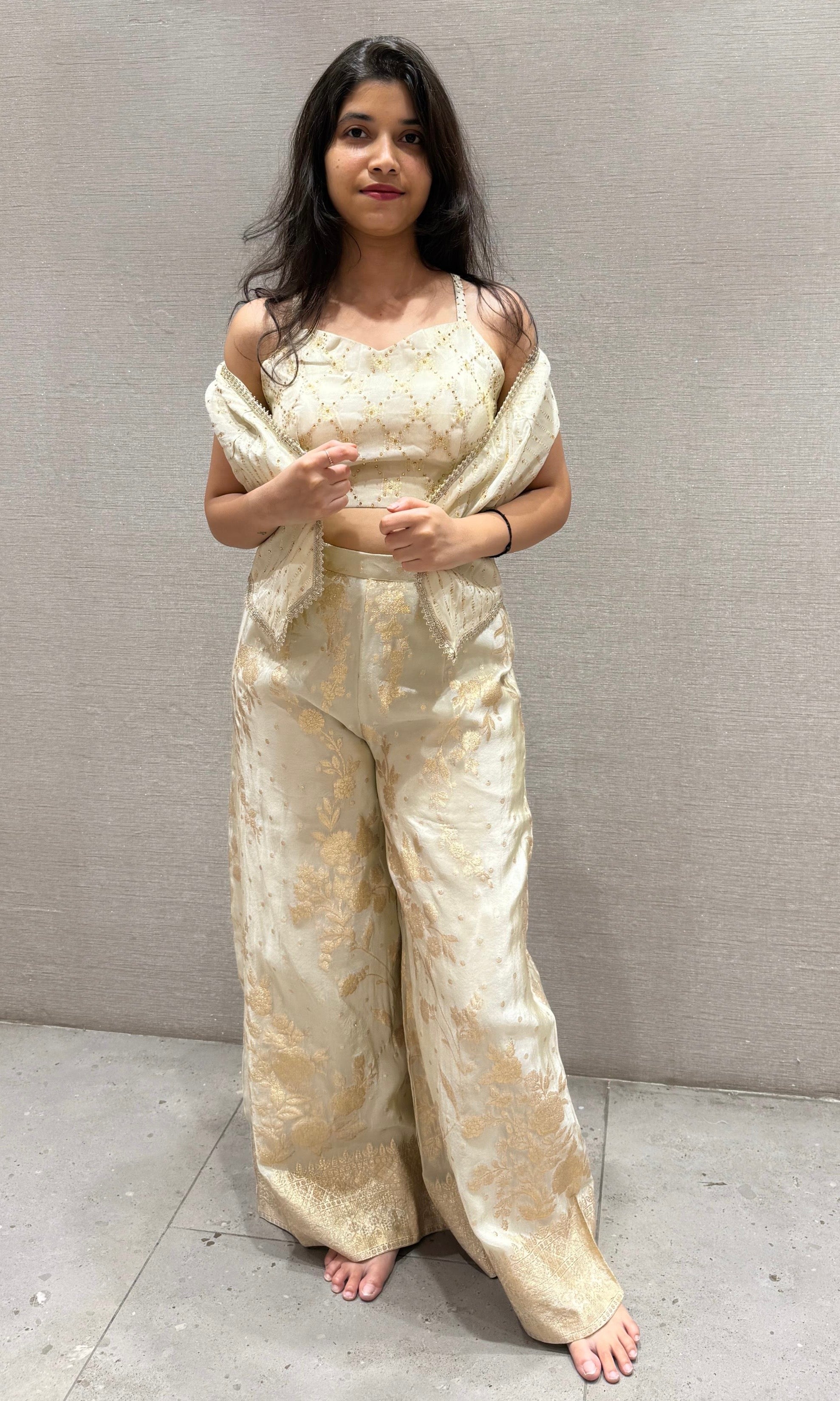 Half white embellished palazzo with cape