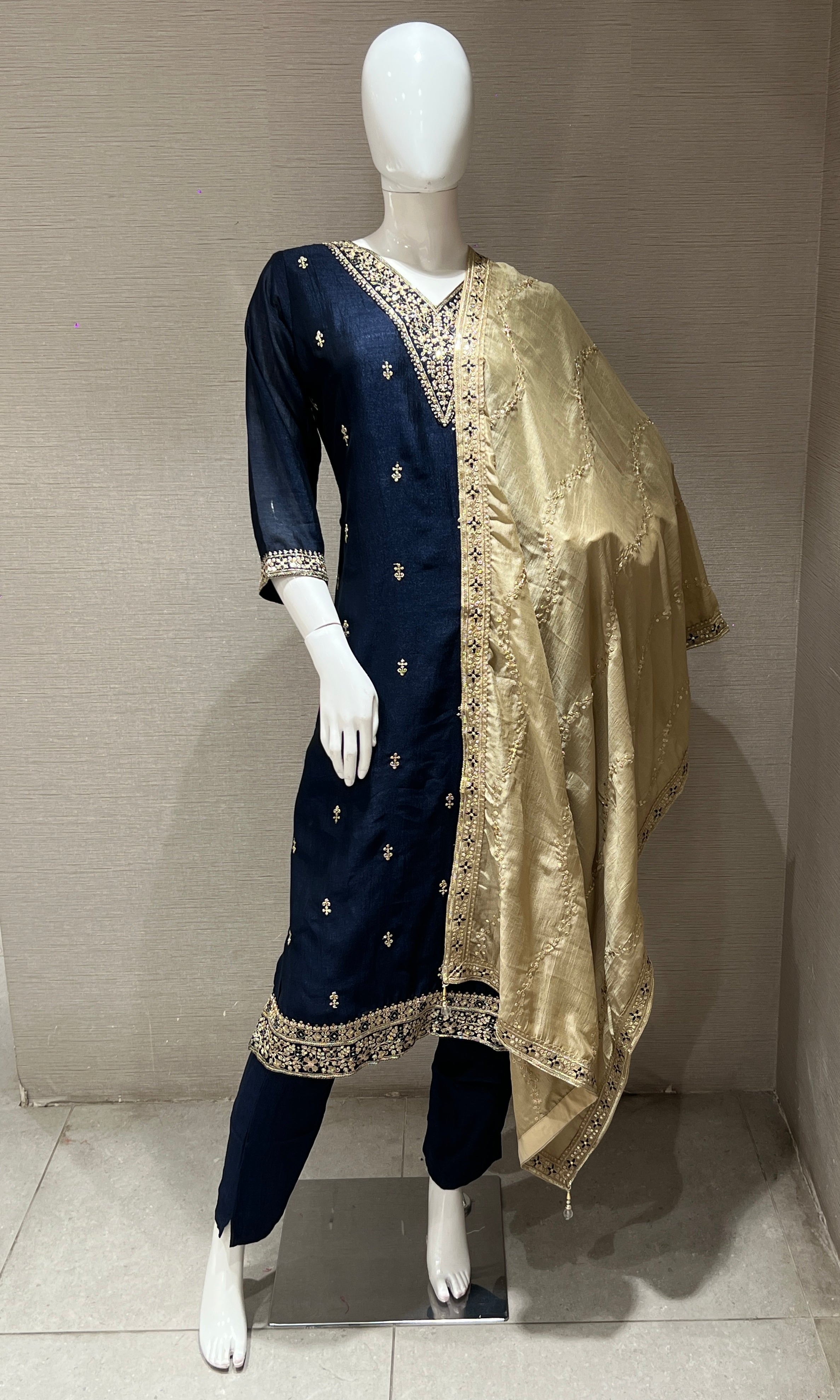 Navy blue kurta set with contrast gold duppatta