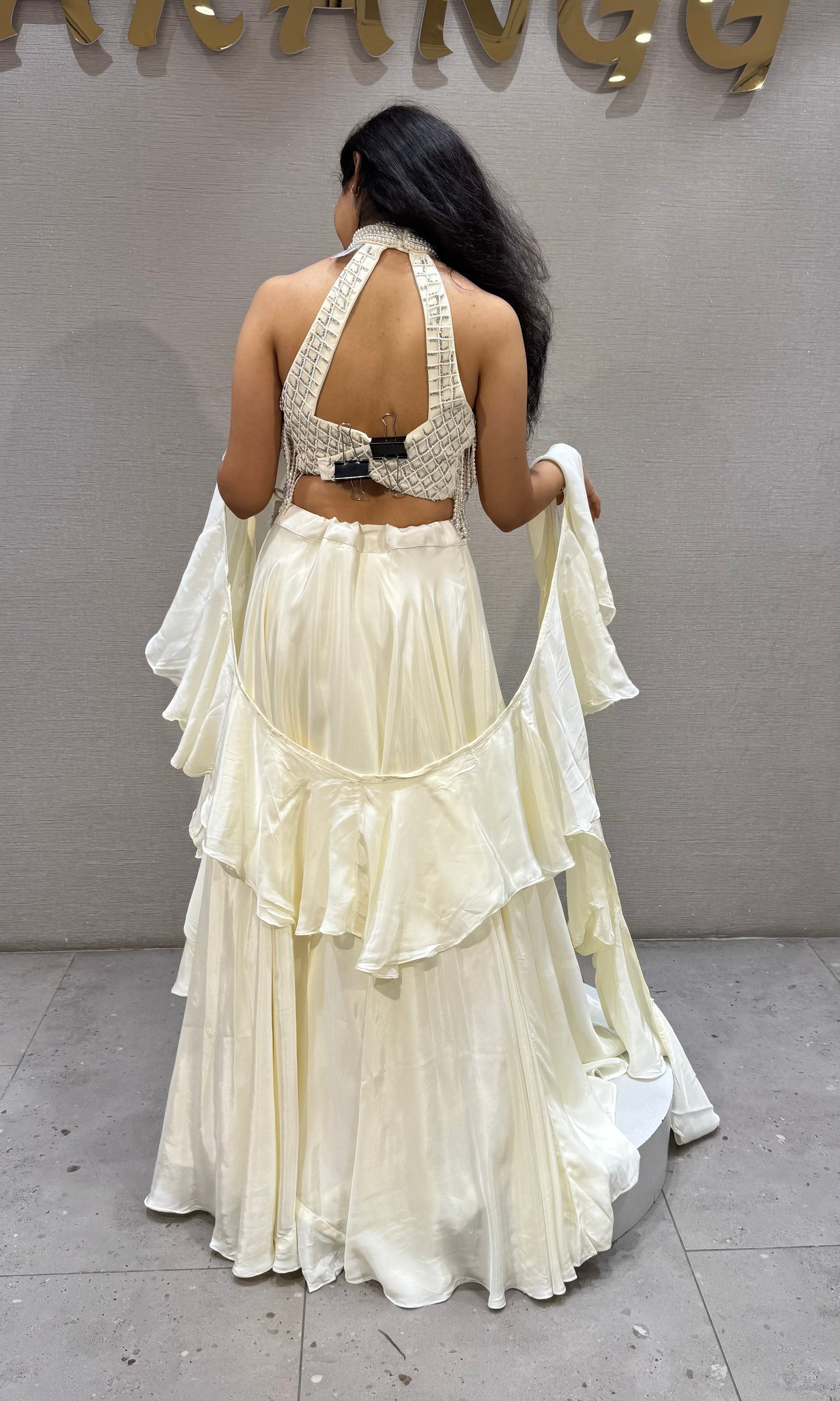 Cream Halter Lehenga with Beaded Fringe Ruffled Sleeves