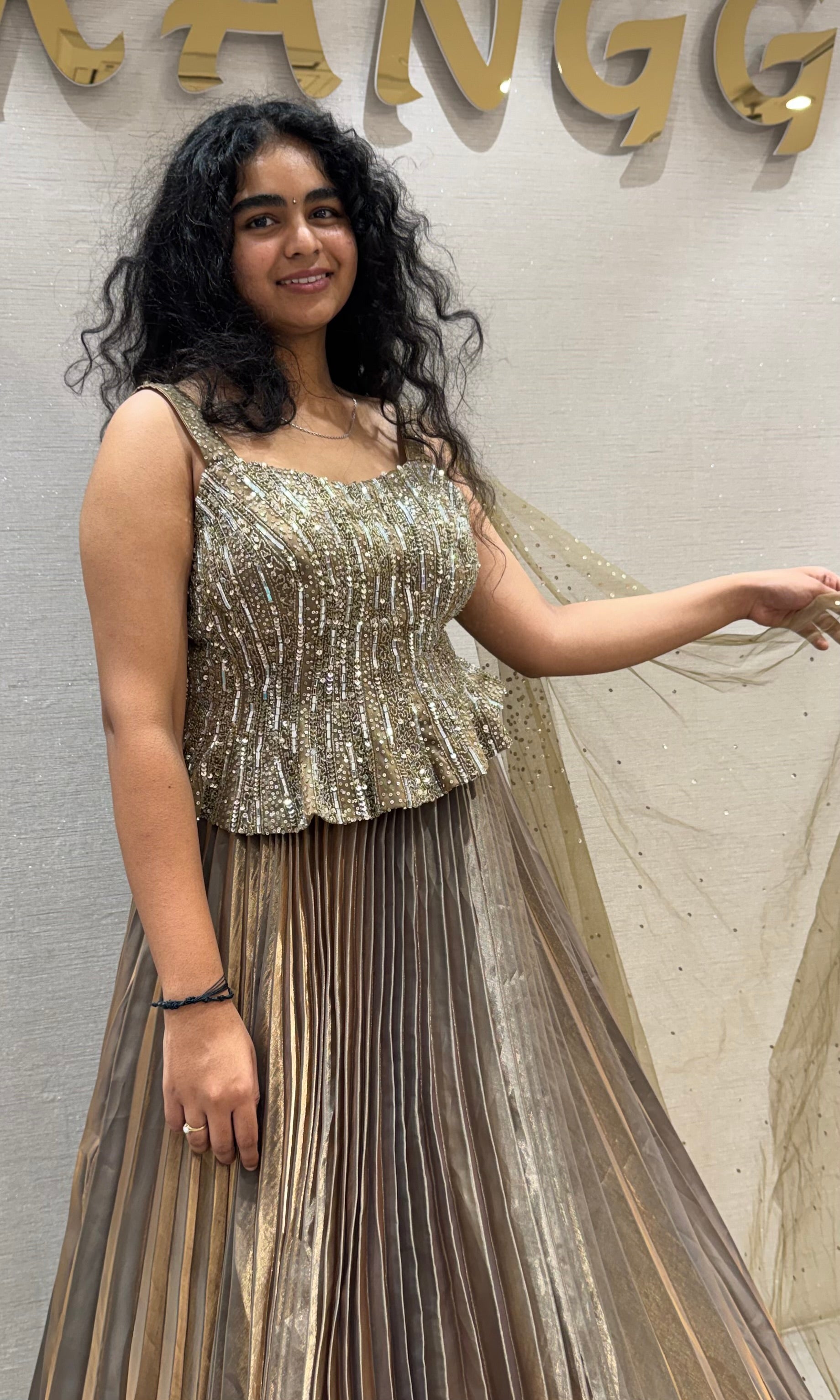 Green Golden peplum gown with cape