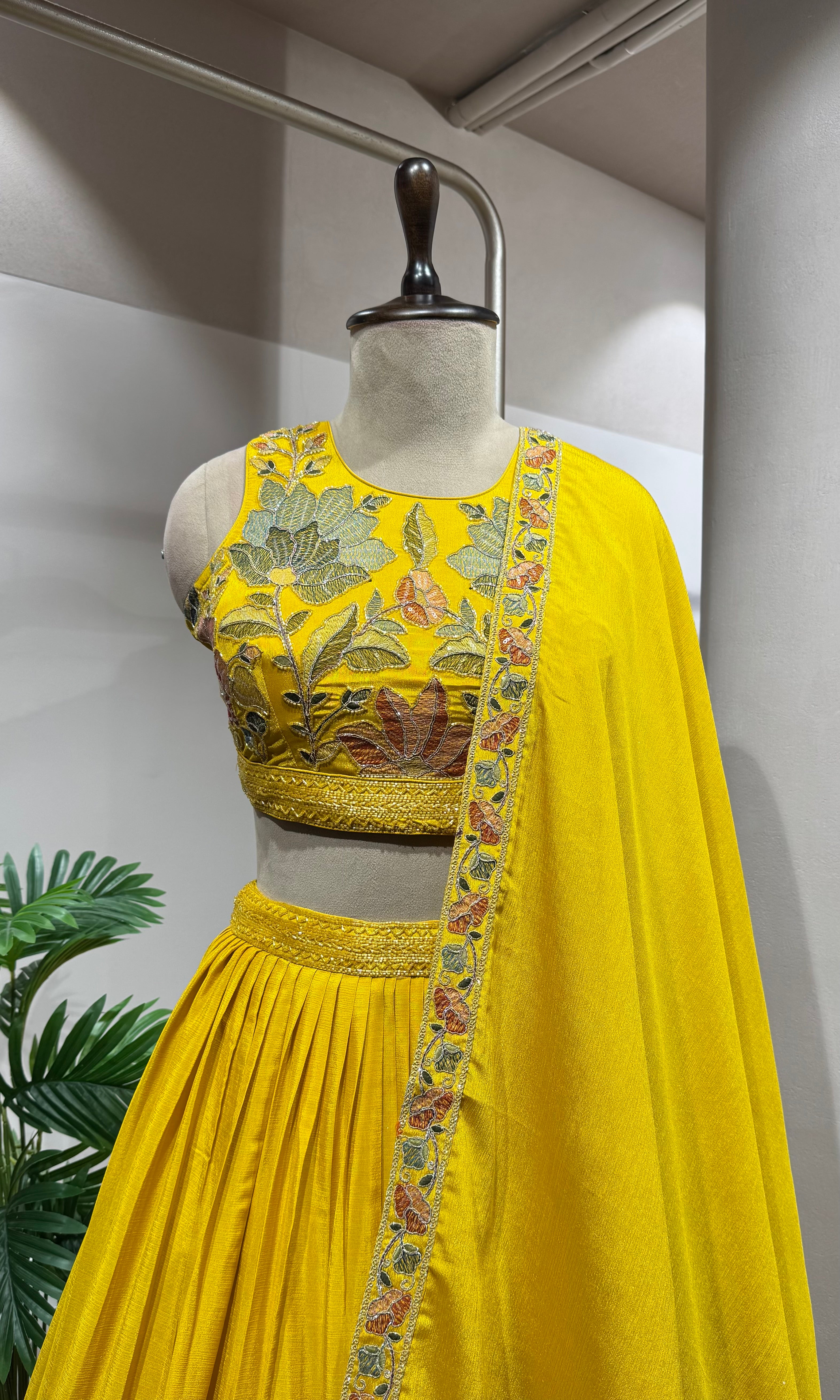 yellow floral printed embroidered lehenga