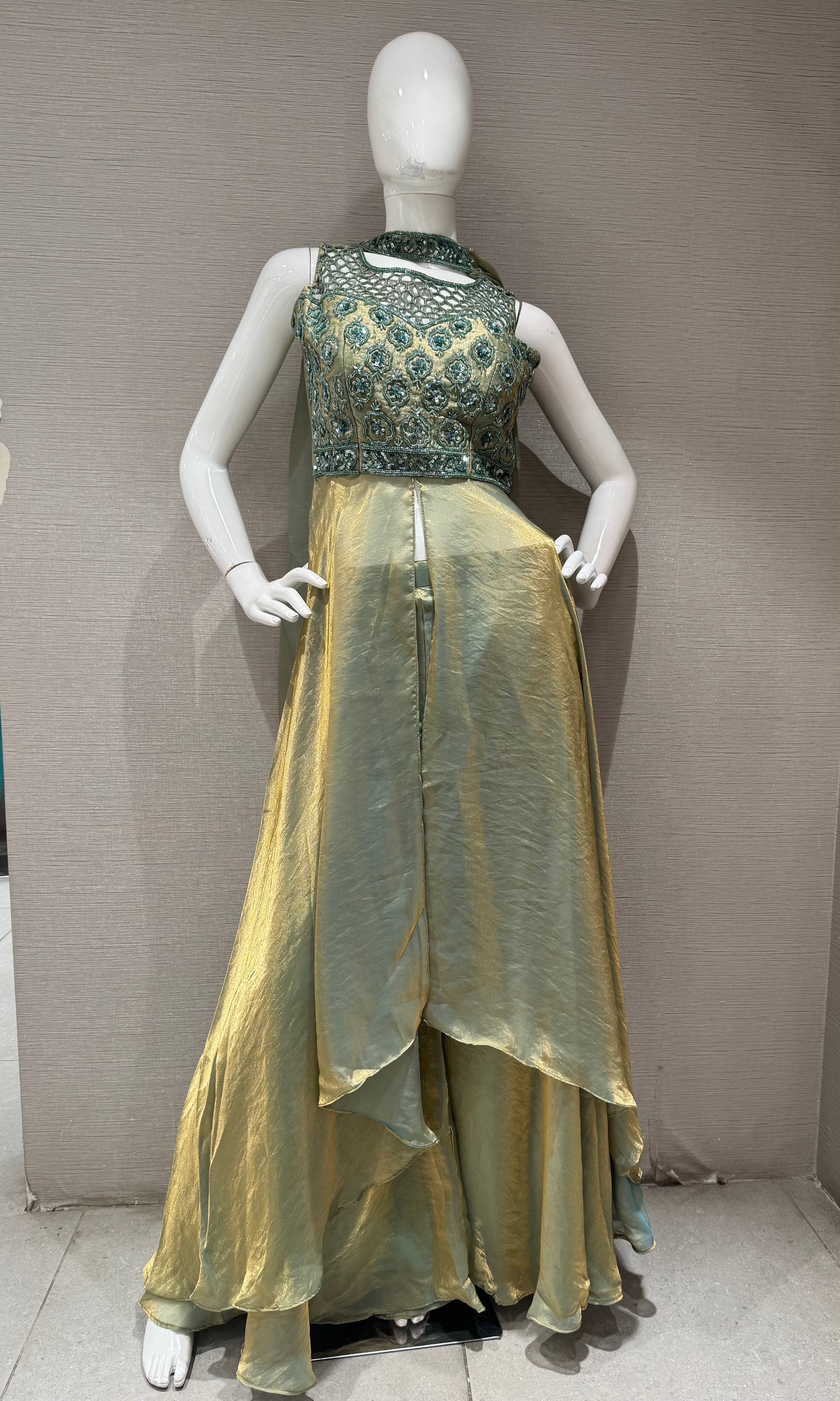 Pista green shimmer front slit anarkali palazzo set